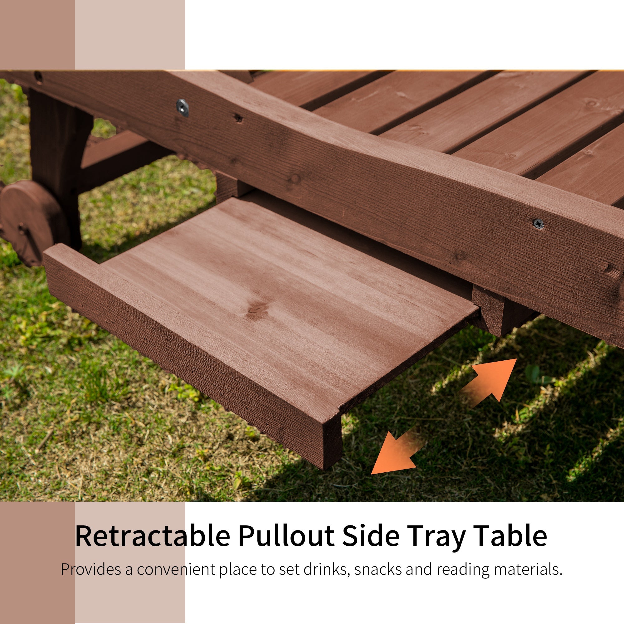 Kozy Outdoor Wooden Lounger Chair, Sun Bed with Built-In Table, Adjustable Backrest and Wheels, Red Brown