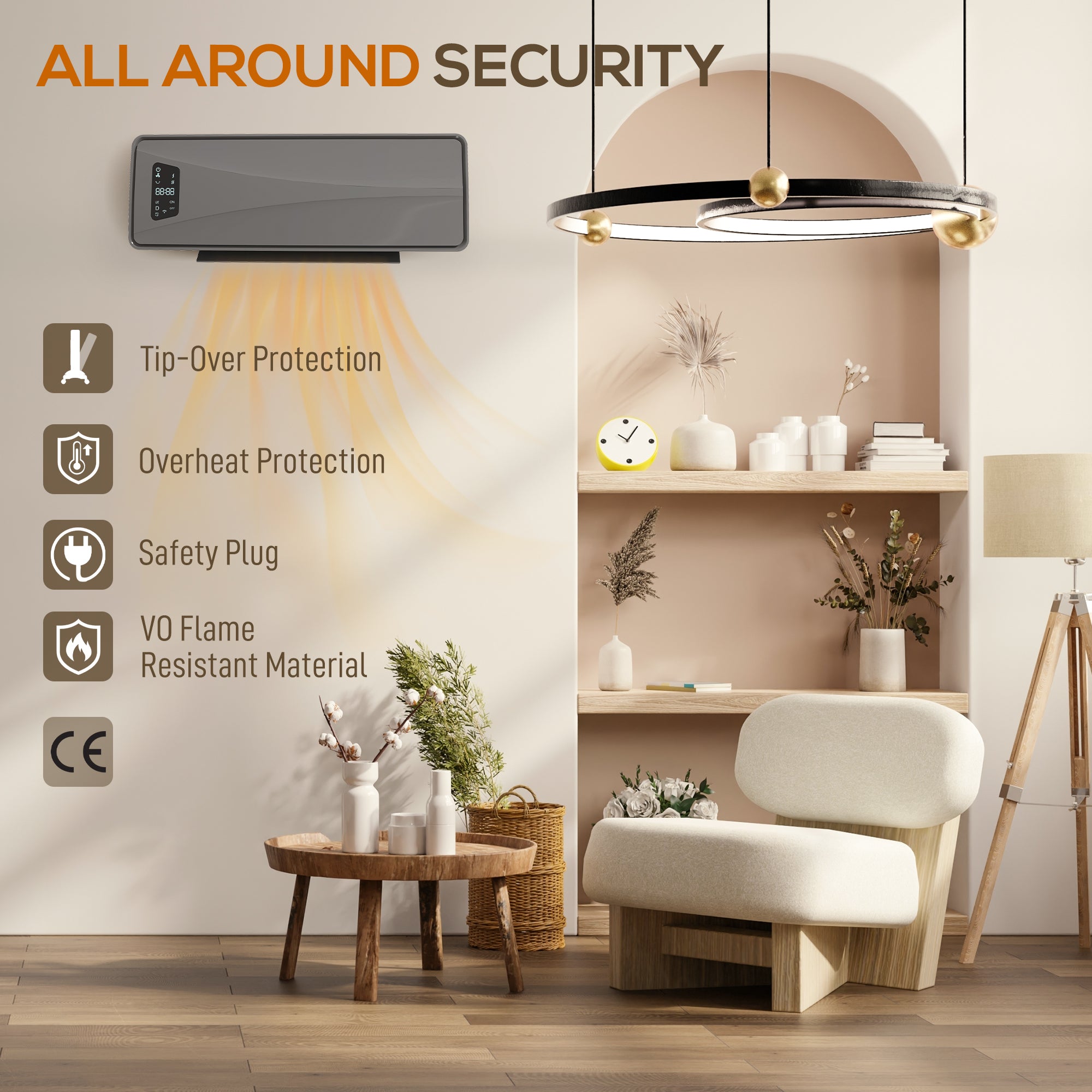 Kozy 2000W Ceramic Electric Heater with Fan, Adjustable Thermostat, Wall Mounted - Grey