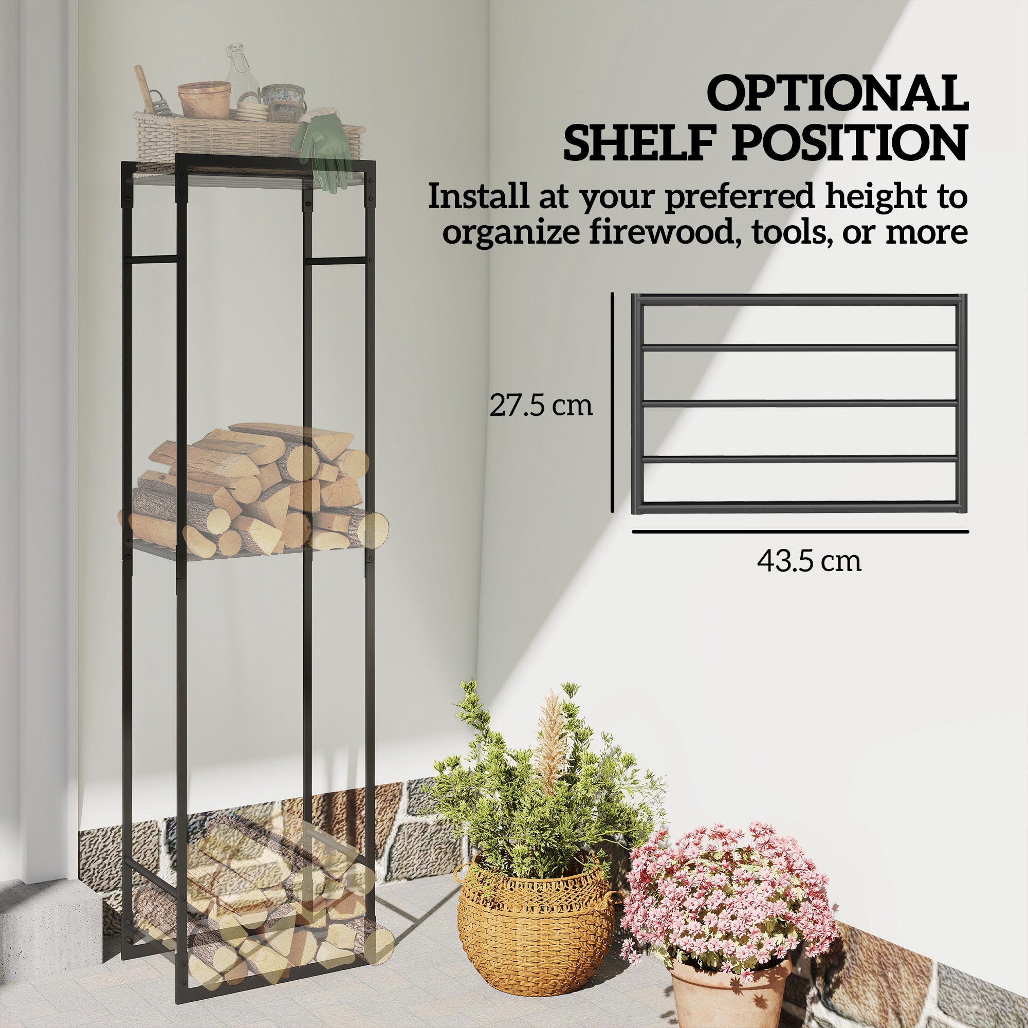 Kozy - Metal Firewood Log Holder, Heavy Duty Firewood Rack with Adjustable Shelf, Indoor Outdoor Fireplace Wood Storage Shelf, 45 x 31 x 170 cm, Black