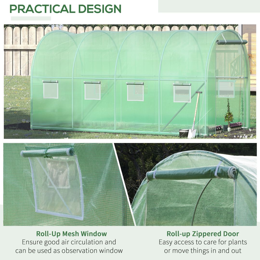 Kozy Walk-in Polytunnel Greenhouse, Outdoor Garden Tunnel Greenhouse Tent with Zipped Roll-Up Door and 8 Mesh Windows, 4 x 2M