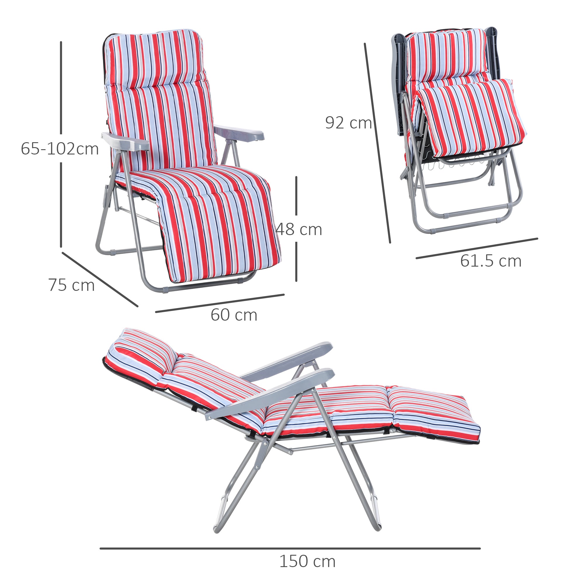 Kozy Set of 2 Garden Sun Lounger Outdoor Reclining Seat Cushioned Seat Foldable Adjustable Recliner Red and White
