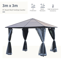 Outsunny 3 x 3(m) Garden Aluminium Gazebo Hardtop Roof Canopy Marquee Party Tent Patio Outdoor Shelter with Mesh Curtains & Side Walls