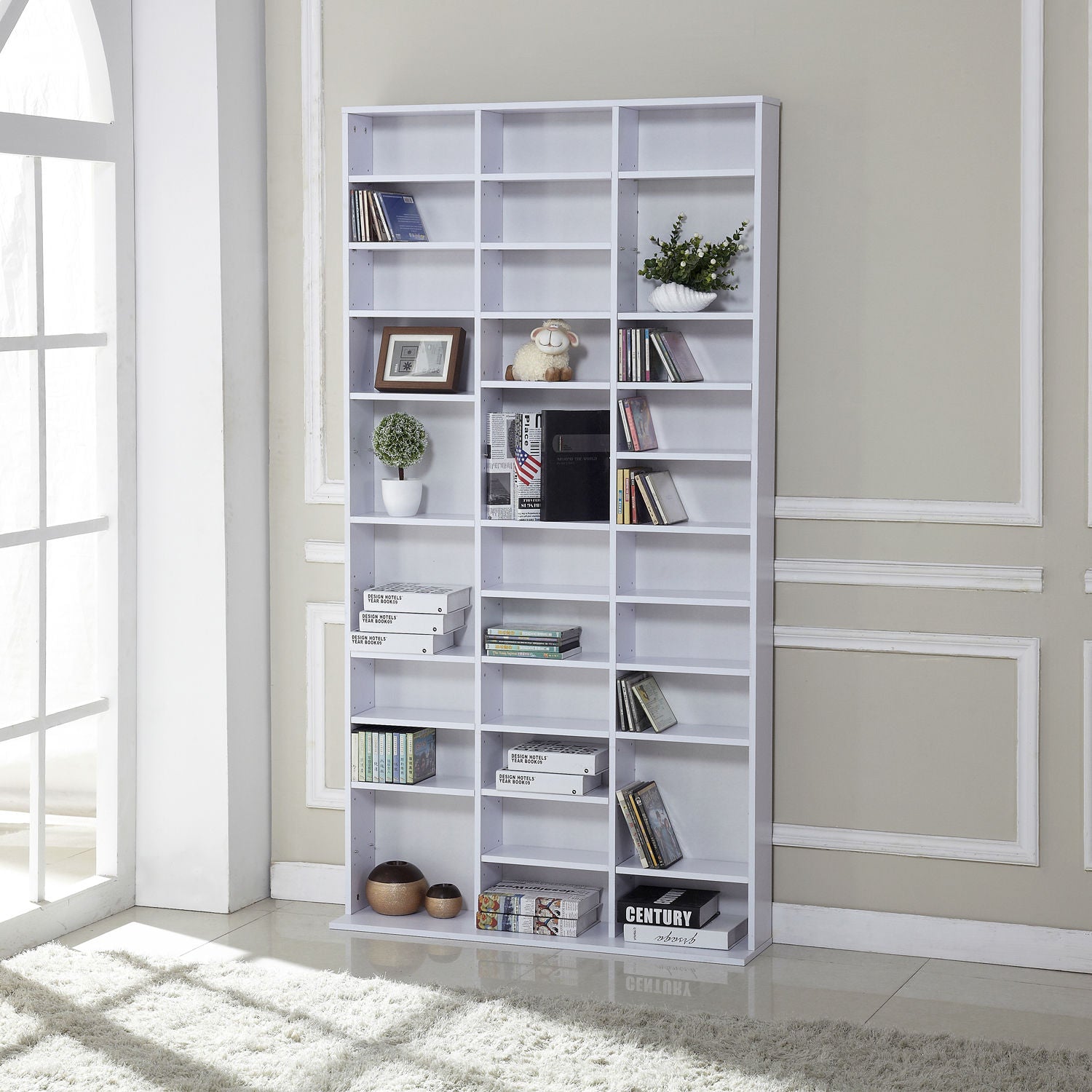 HOMCOM CD / DVD Storage Shelf Storage Unit for 1116 CDs Height-Adjustable Compartments 102 x 24 x 195 cm White