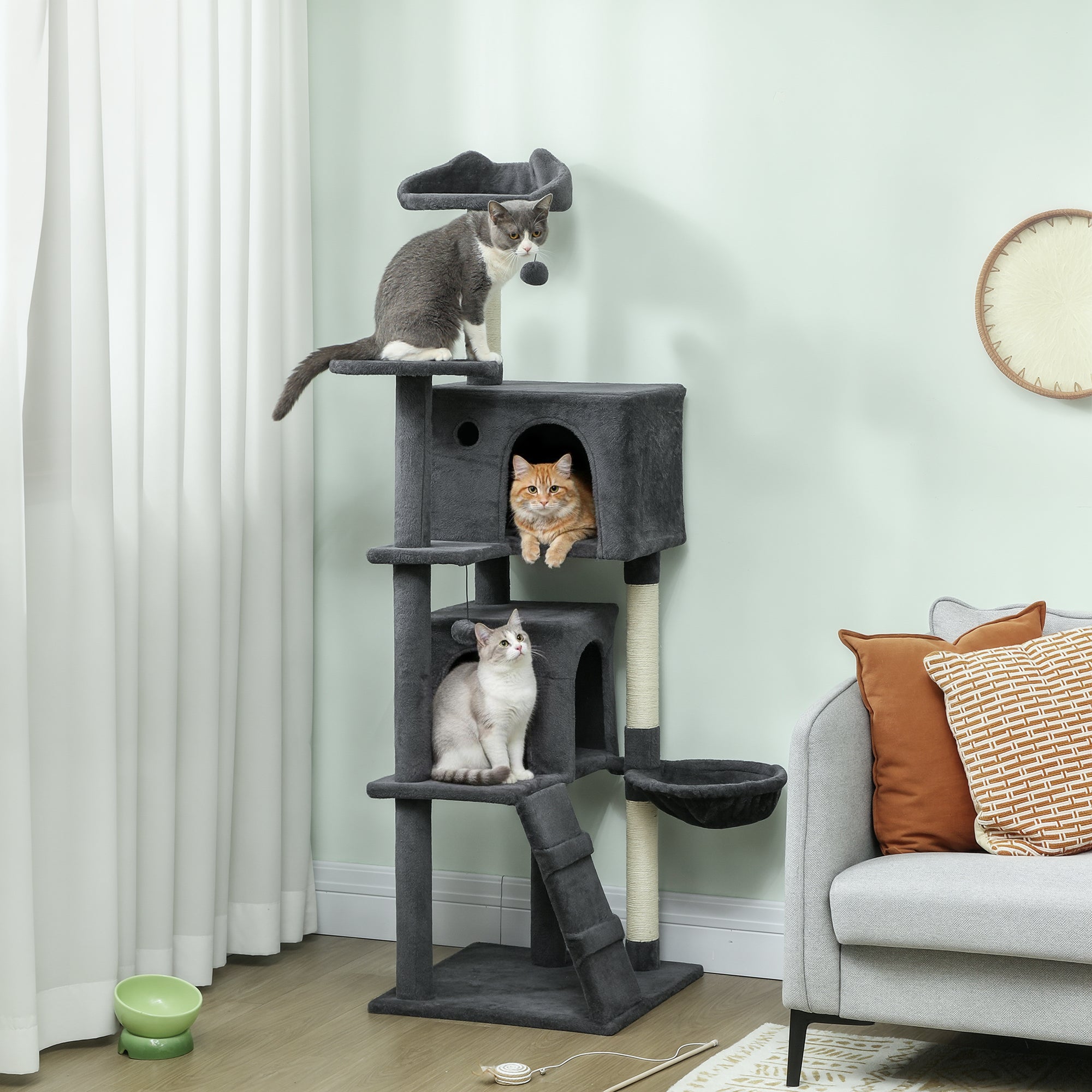 Kozy 160cm Large Cat Tree Tower with Sisal Scratching Posts, Condos, Plush Perches, Hammock, Ladder, Dark Grey