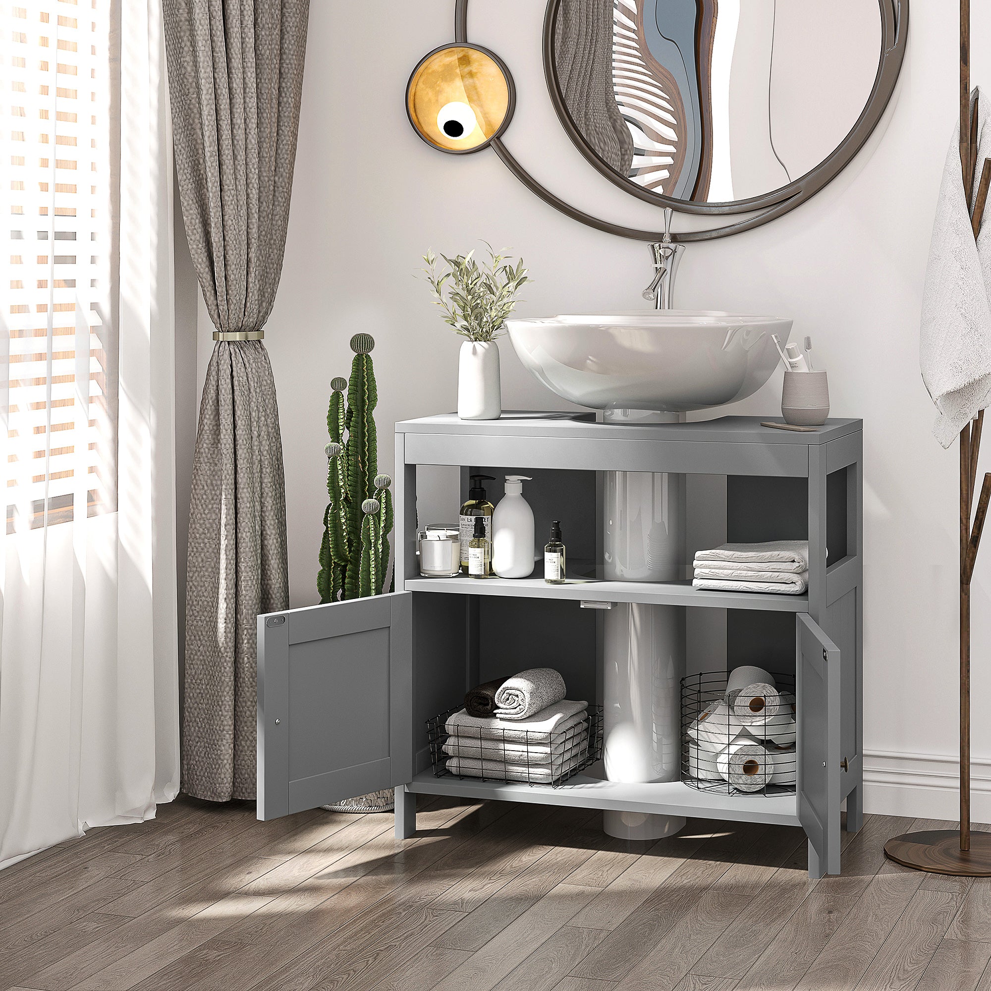 Kozy Pedestal Under Sink Cabinet with Double Doors, Modern Bathroom Vanity Storage Unit with Shelves, Light Grey