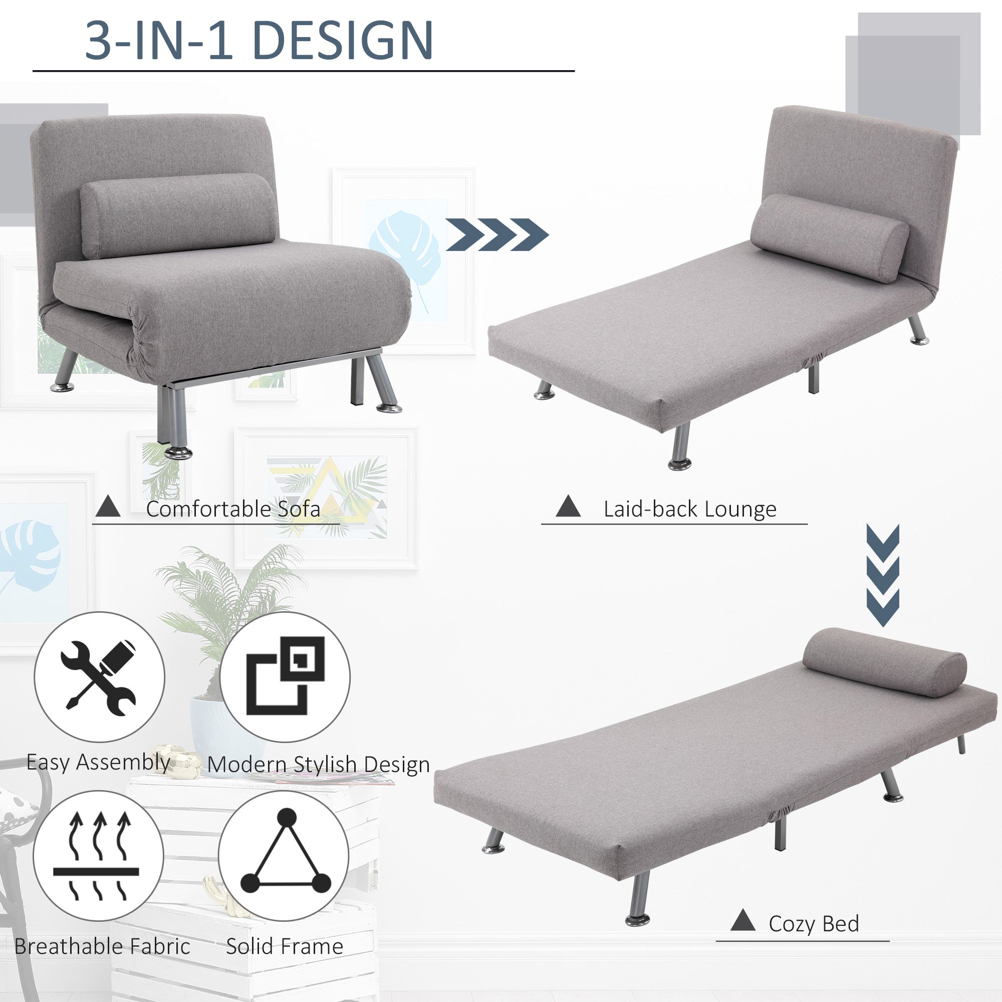 Kozy Adjustable Back Futon Sofa Chair - Grey