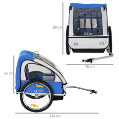 HOMCOM 2 Seat Bike Trailer Bicycle wagon for Kids Child Steel Frame Safety Harness Seat Carrier Blue White 130 x 76 x 88 cm