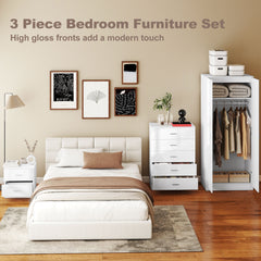 Kozy High Gloss 3 Piece Trio Bedroom Furniture Set Wardrobe + Chest Of Drawer + Bedside White