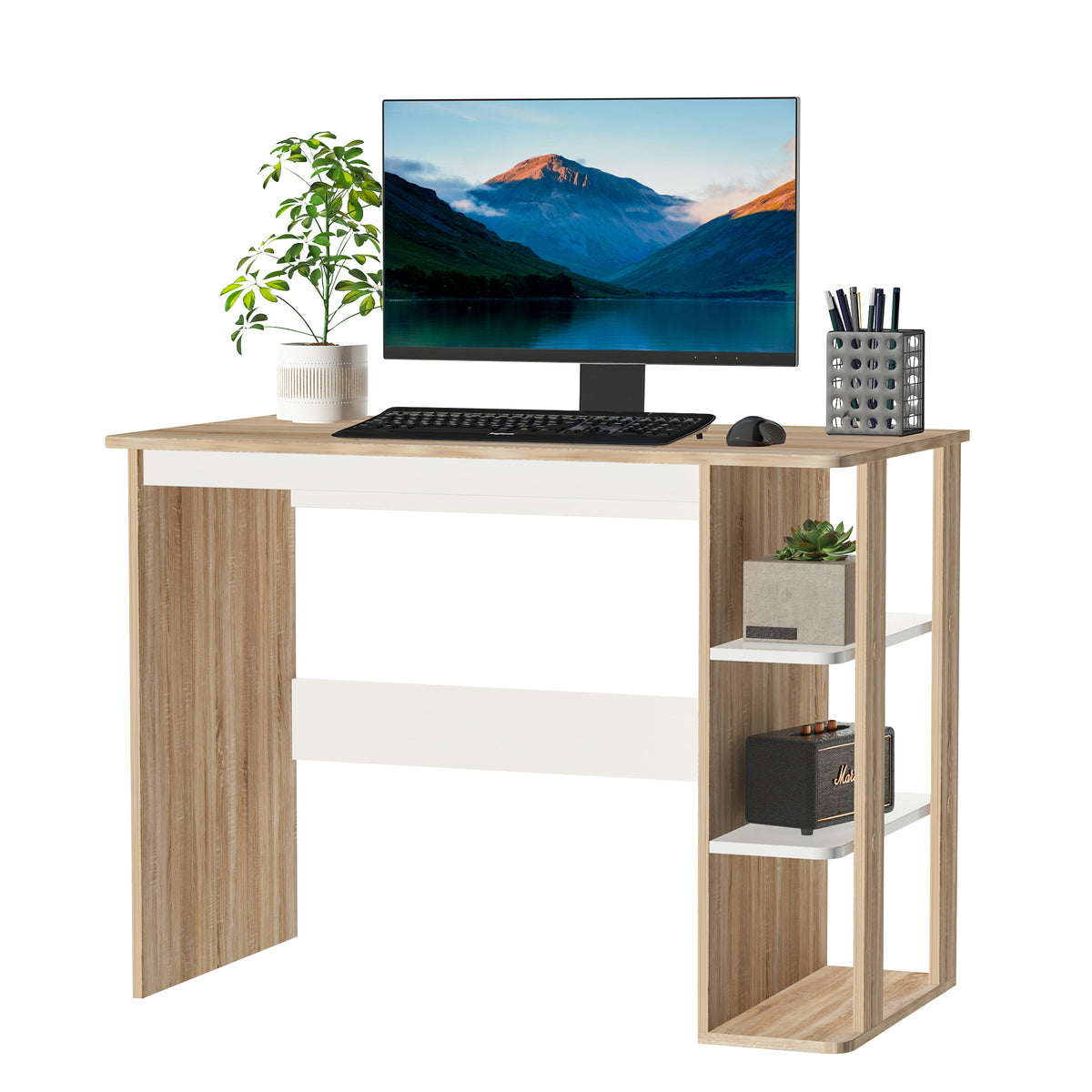 Kozy Computer Desk, Writing Desk with 3-Tier Storage Shelf, Work Table for Home Office, Study, Living Room, Oak and White