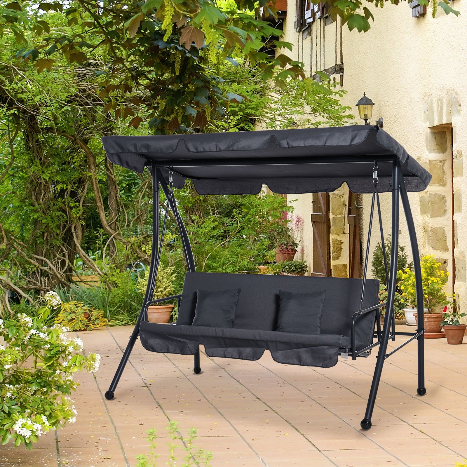 Kozy Outdoor 2-in-1 Swing Chair Lounger 3 Seater Garden Swing Seat Bed Convertible Tilt Canopy W/ Cushion, Dark Grey