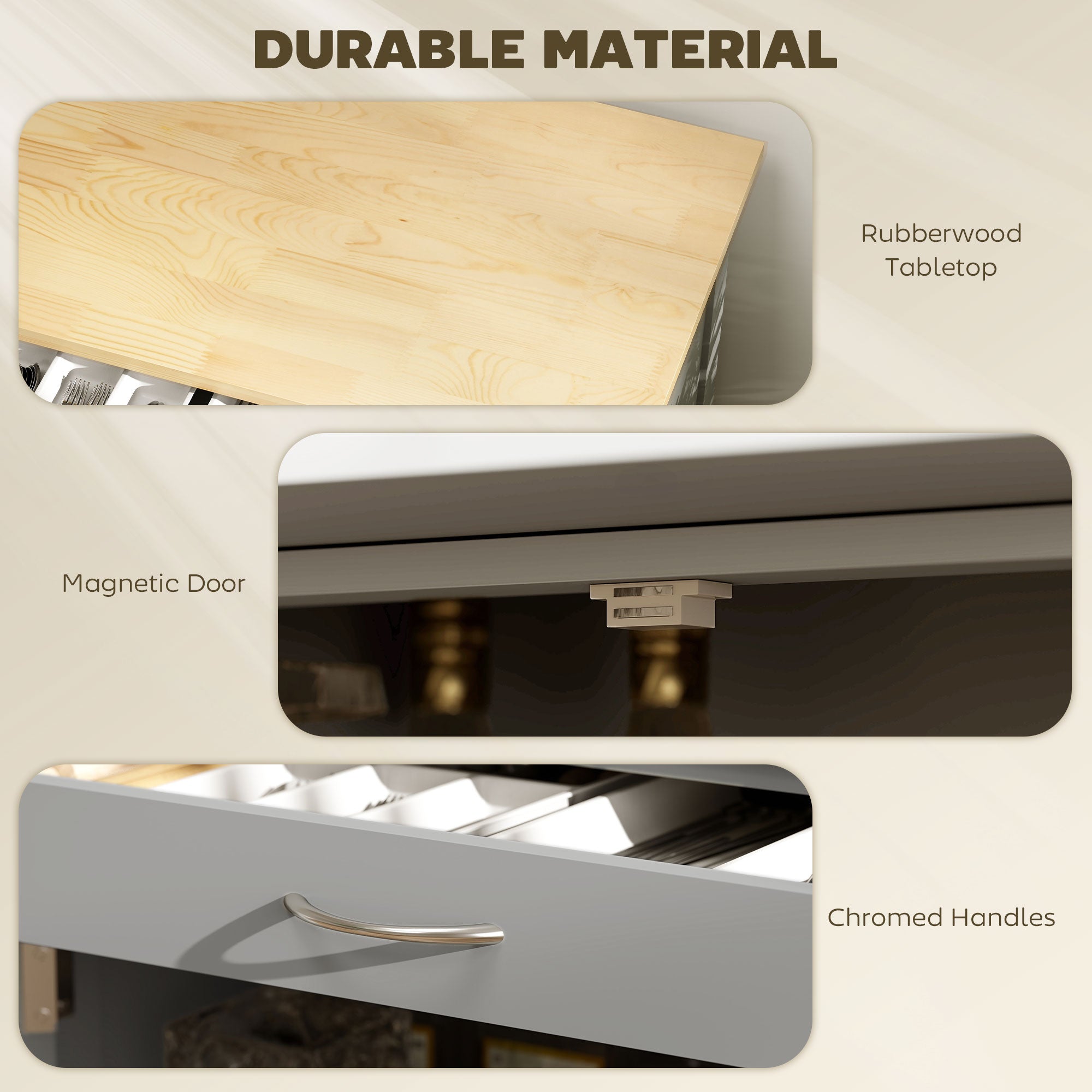 Kozy Modern Kitchen Trolley, Rolling Island Storage Cart with Drawer, 9-bottle Wine Rack, Door Cabinets, Wooden Countertop, Grey