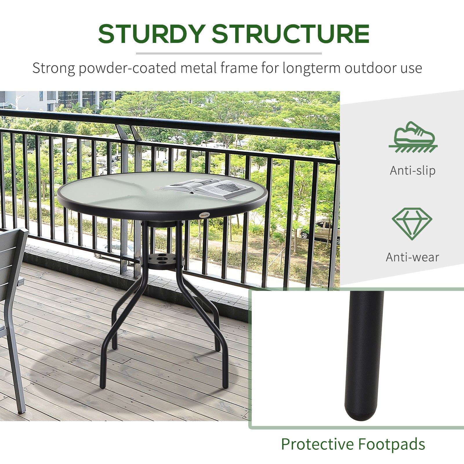 Kozy 80 cm Round Garden Dining Table with Parasol Hole for 4, Outdoor Coffee Bistro End Side Table with Tempered Glass Top and Steel Frame for Patio, Porch, Black