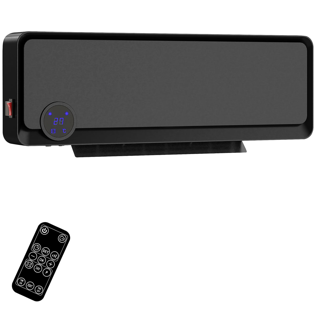 Kozy - Wall Downflow Heater 2 Heat and Fan 1000W/2000W, Electric Space Heater with Timer Remote Oscillating, for Bedroom Home Office, Black