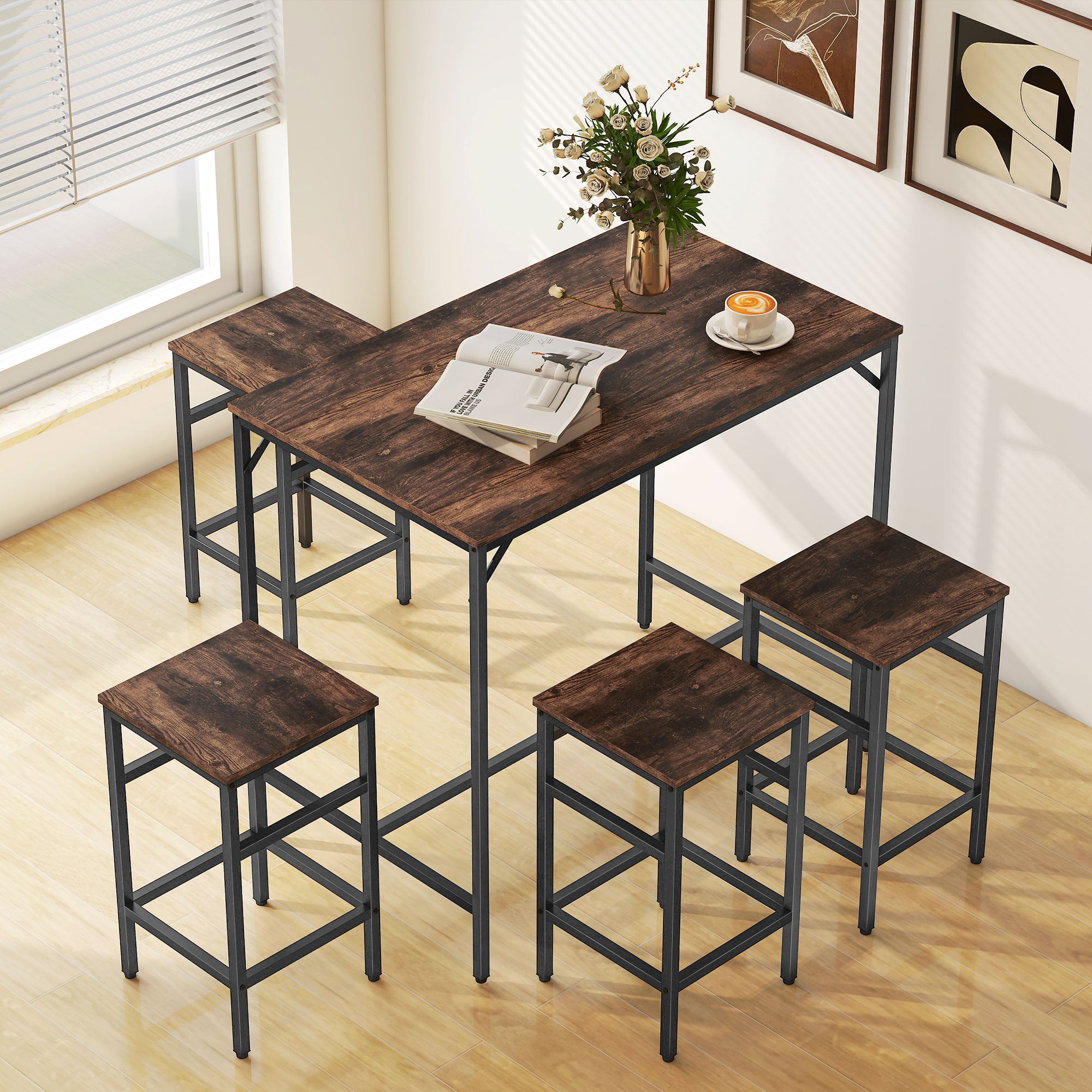 Kozy 5-Piece Breakfast Bar Table and Stools Set, Kitchen Bar Table Set with High Table and 4 Stools, Space Saving Compact Dining Furniture for Small Spaces, Rustic Brown