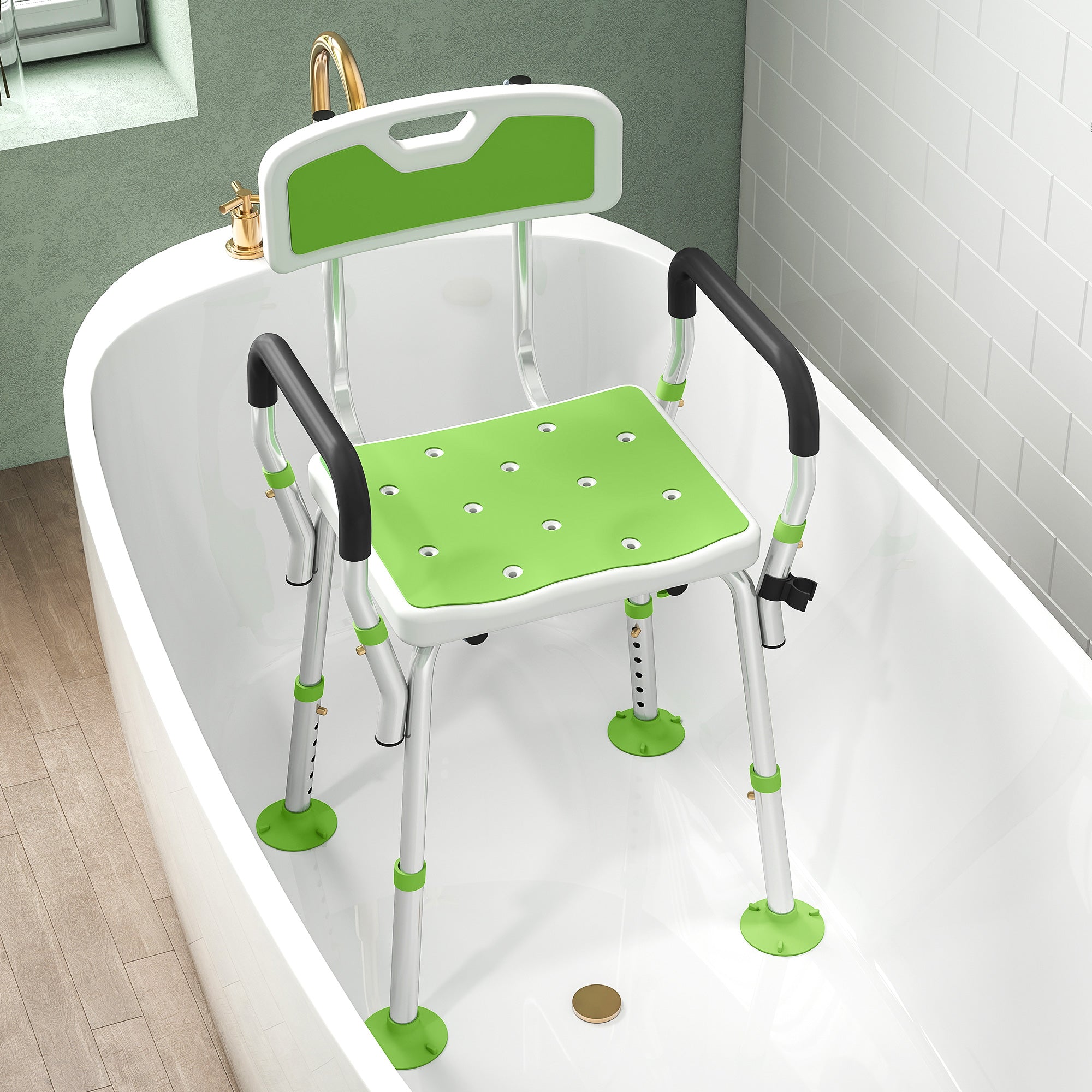 Kozy - EVA Padded Shower Chair for the Elderly and Disabled, Height Adjustable Shower Stool with Back and Arms, 4 Suction Foot Pads, Green