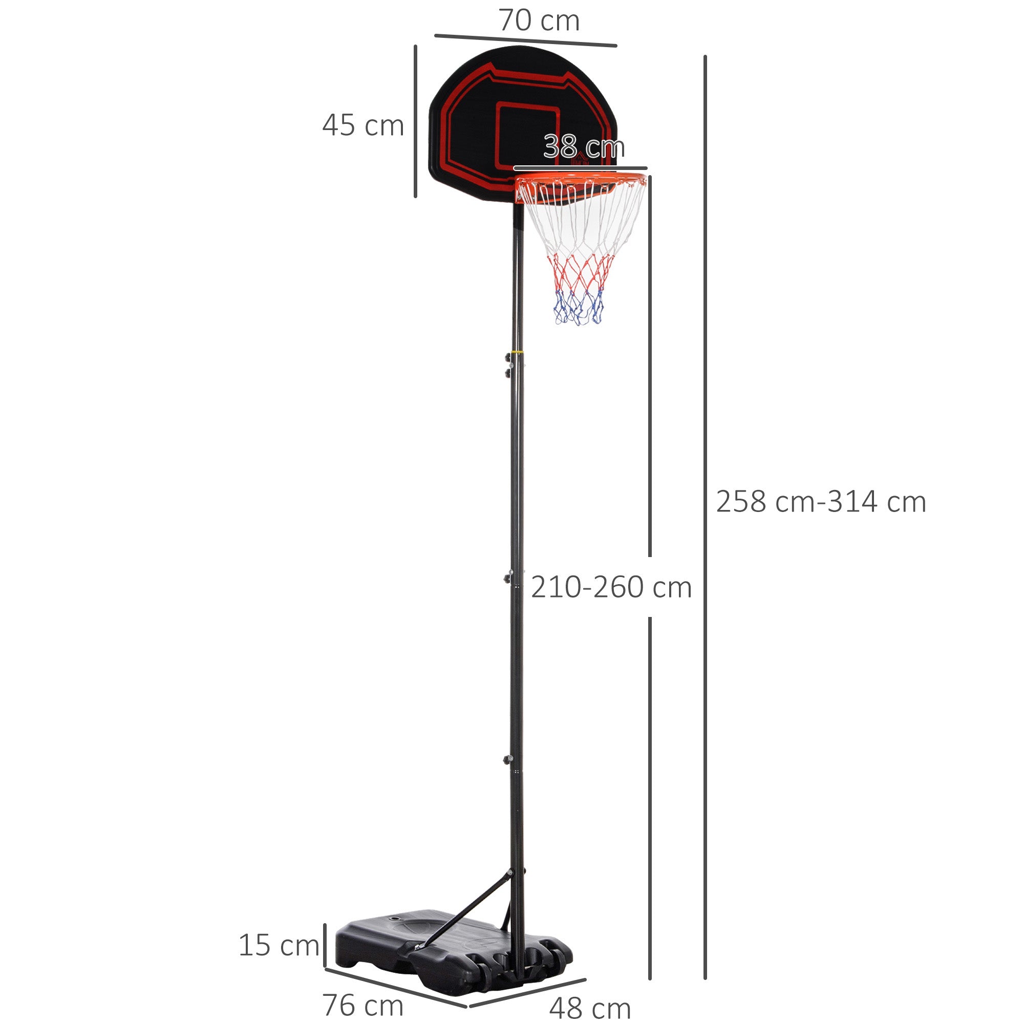 Kozy Basketball Hoop Stand Portable Adjustable Height 2.1-2.6m w/ Wheels, Sturdy Rim Stable Base, Black