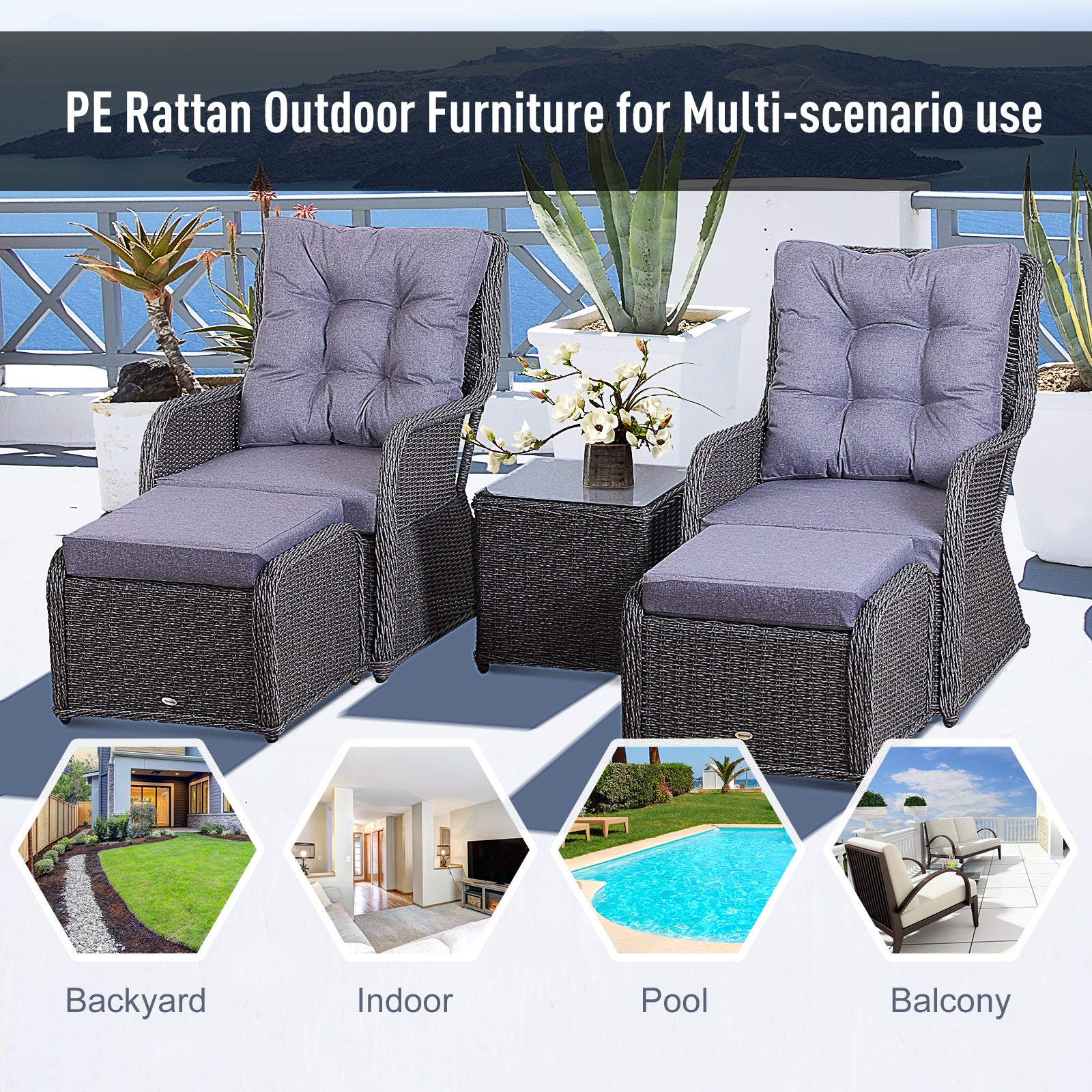 Outsunny 2 Seater Deluxe Garden Rattan Furniture Sofa Chair & Stool Table Set Patio Wicker Weave Furniture Set Aluminium Frame Fully