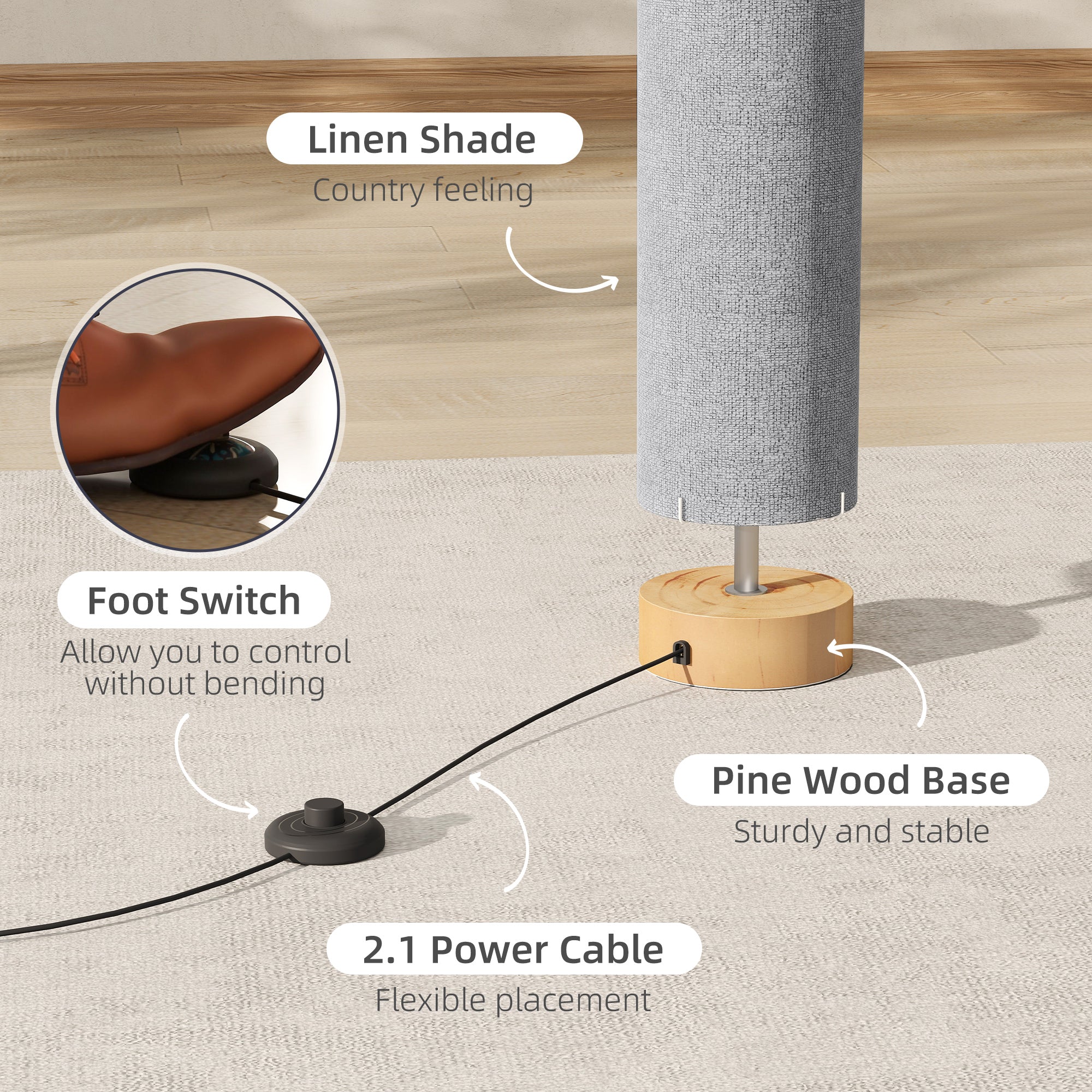 Kozy - LED Floor Lamp for Living Room, 120cm Modern Standing Lamp with 3000K/4500K/6500K Colour Temperatures, Linen Shade and Wooden Base, Grey