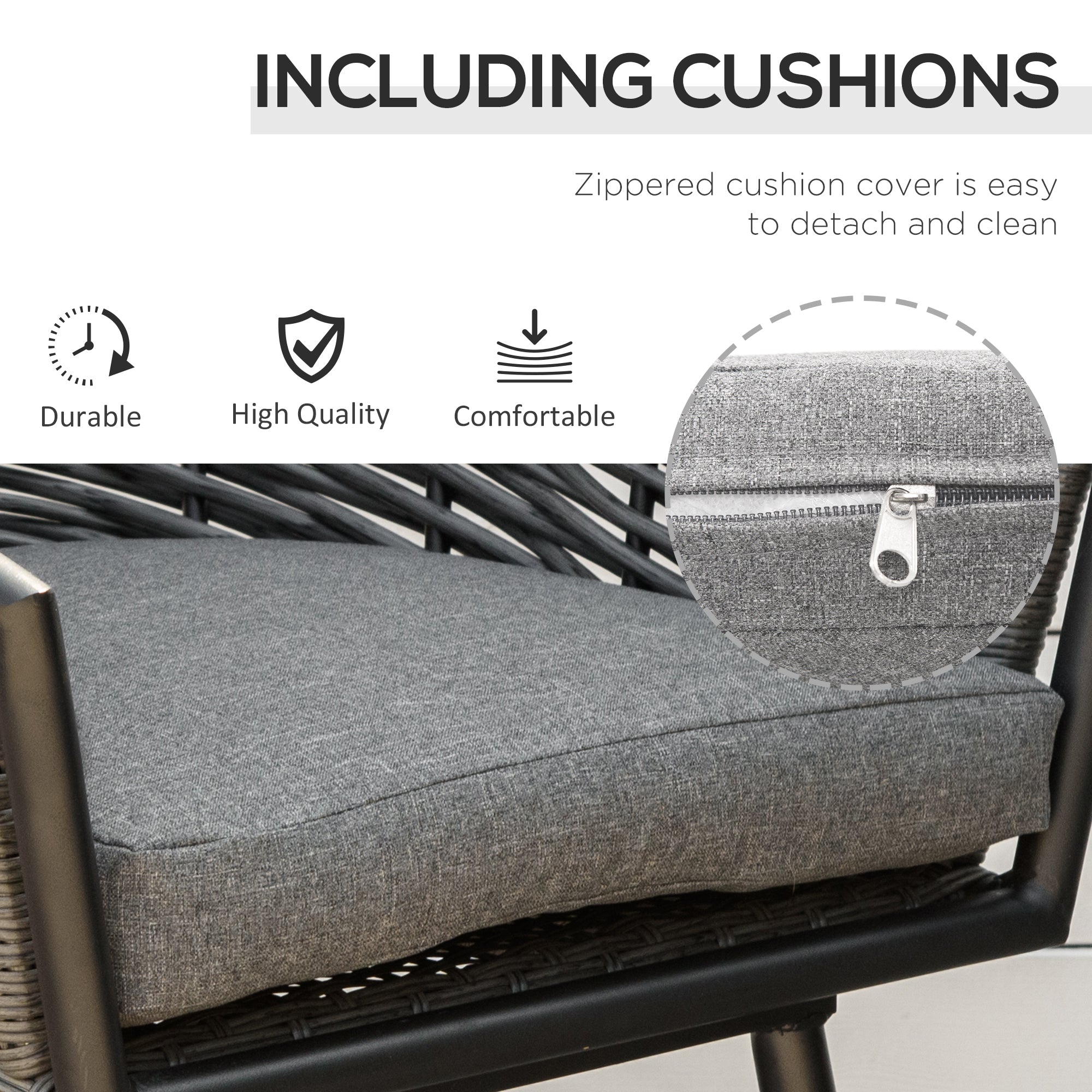 Kozy 3 Pieces Rattan Bistro Set, Wicker Garden Furniture Set with Round Glass Top Coffee Table and Chairs, Washable Cushions for Outdoor, Patio, Balcony, Grey