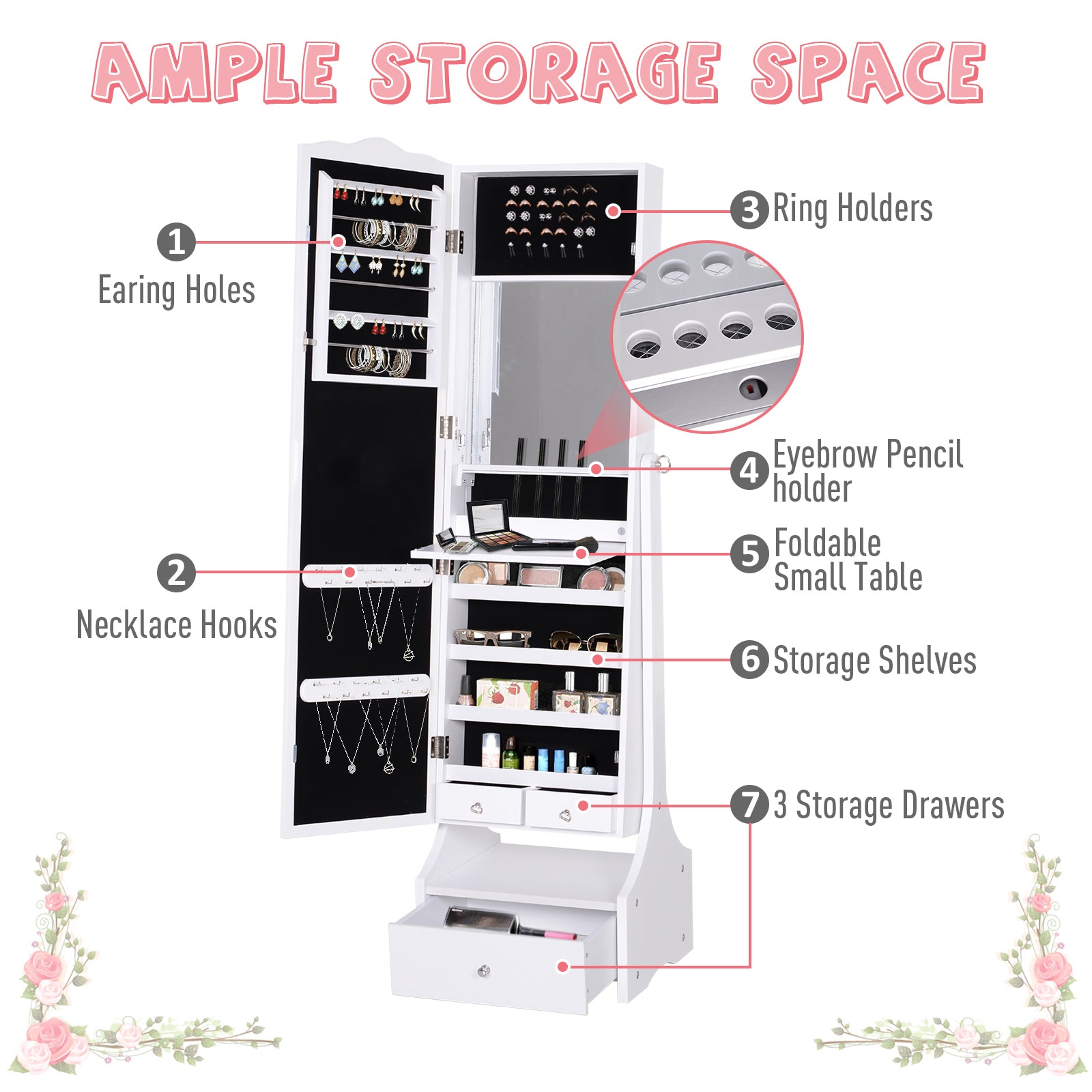 Kozy Jewellery Cabinet with led, mirroir Cabinet Armoire Floor Standing Flip-over Makeup Shelf Organizer with lock white