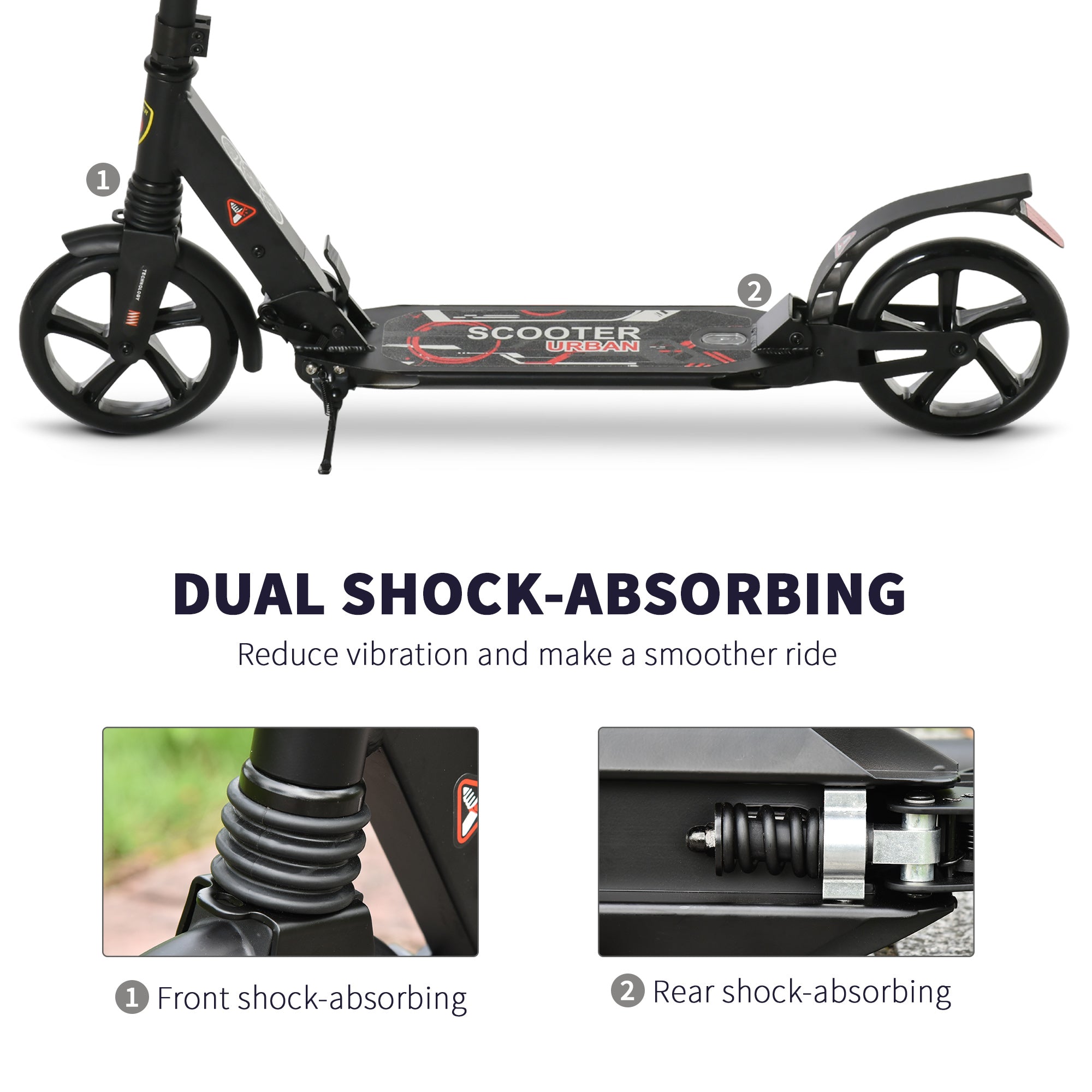 Kozy Folding Kick Scooter, Adjustable Ride On Scooter with 200mm Big Wheels and Double Shock Absorption, Urban Scooter for 14+ Teens Adult, Black