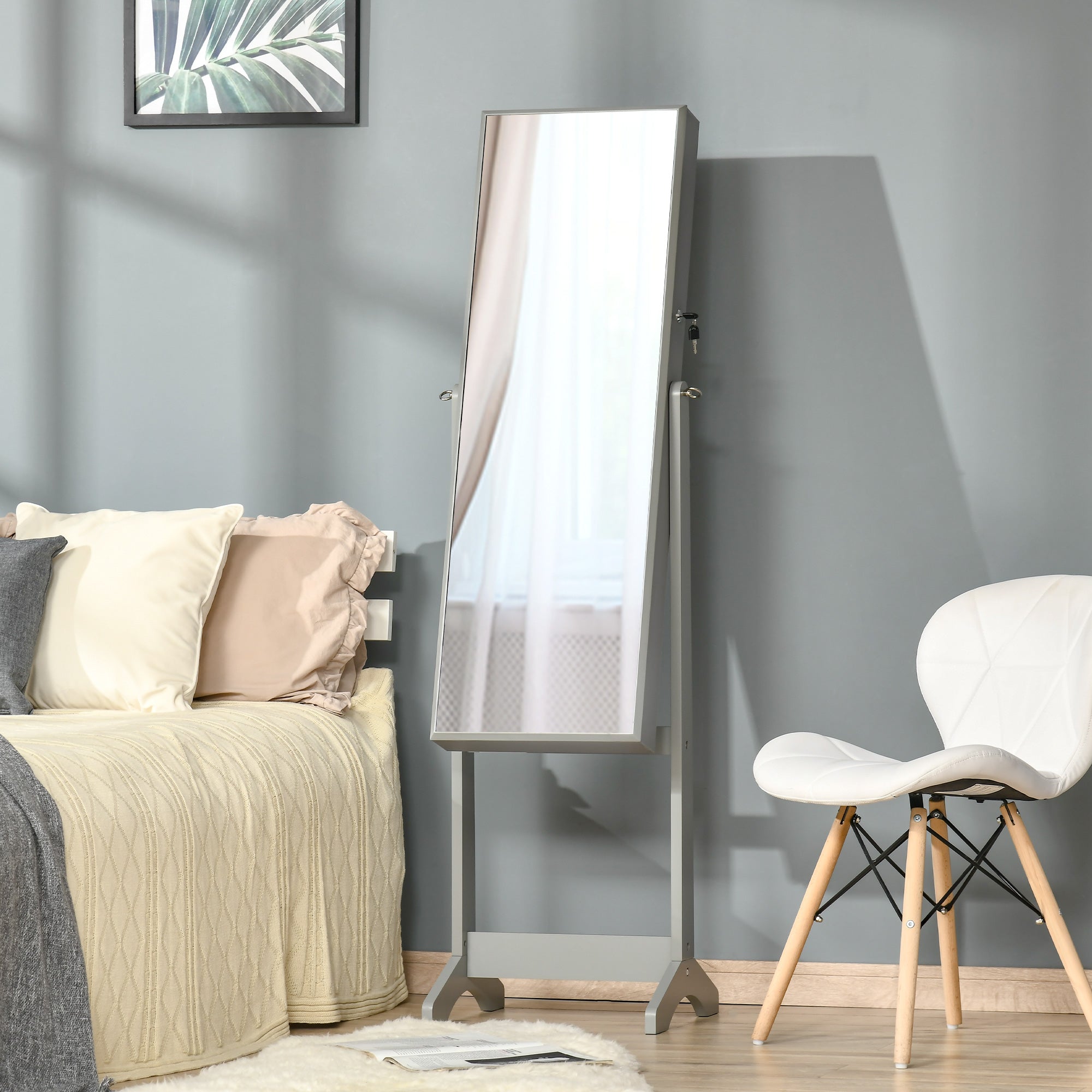 Kozy Full Length Mirror with Storage, Jewellery Cabinet with Mirror, Adjustable Angle and Stand, Lockable Jewellery Organiser for Bedroom Dressing Room, Grey