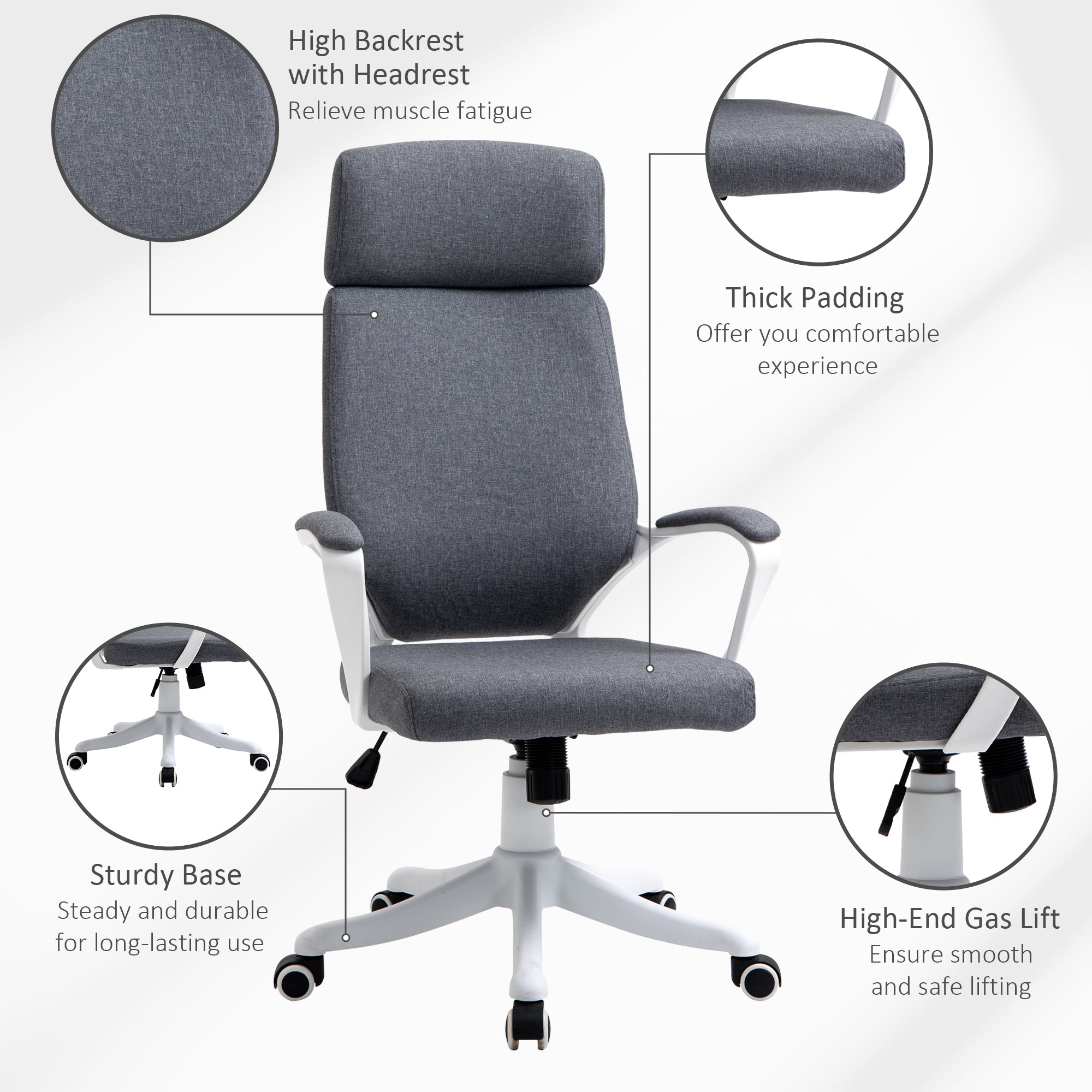 Kozy Office Chair, Ergonomic Desk Chair, High Back Study Chair with Headrest and Lumbar Back Support, Adjustable Height for Home and Work, Grey