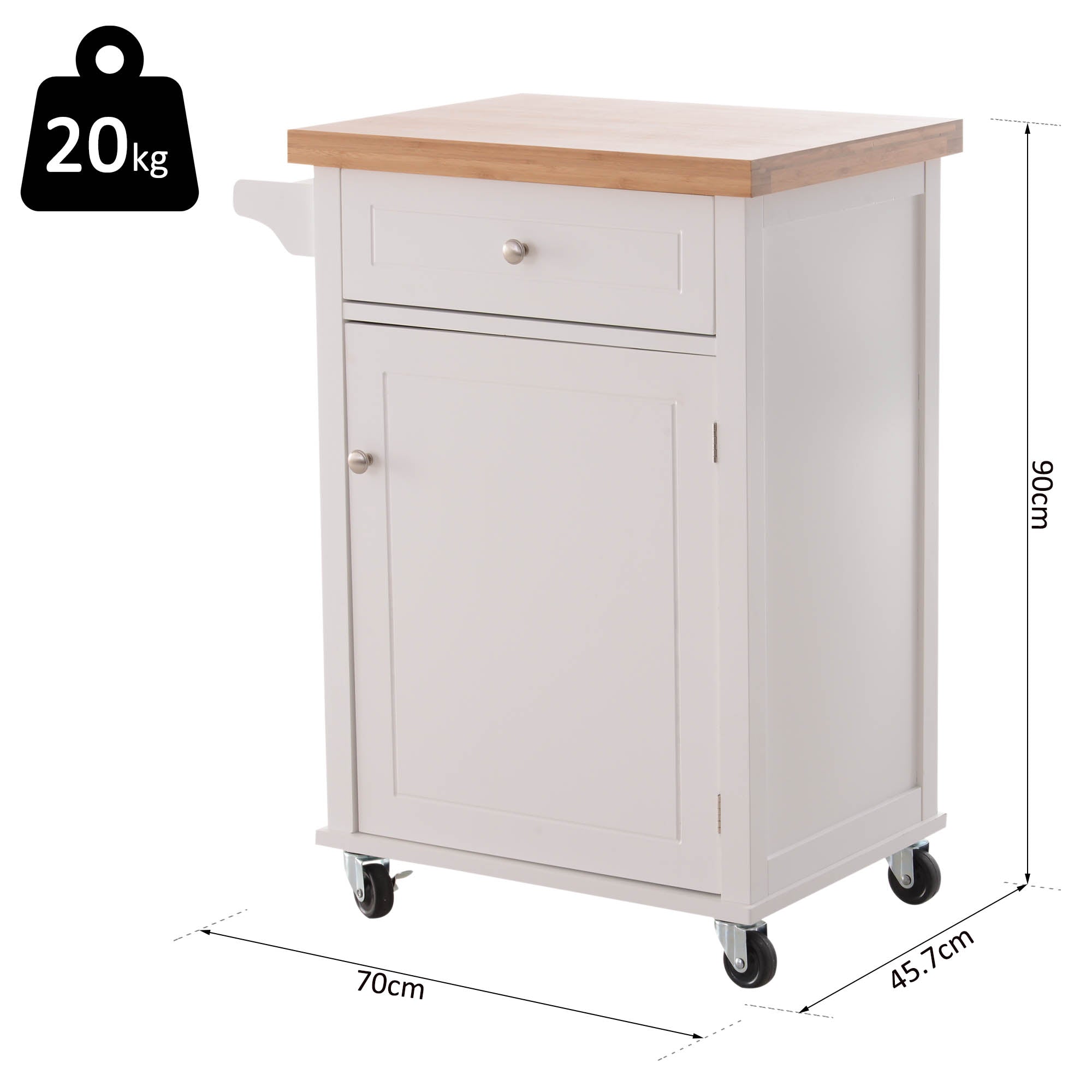 HOMCOM Kitchen Cart Storage Trolley Wooden Cabinet with Drawer Cupboard Towel Rail White