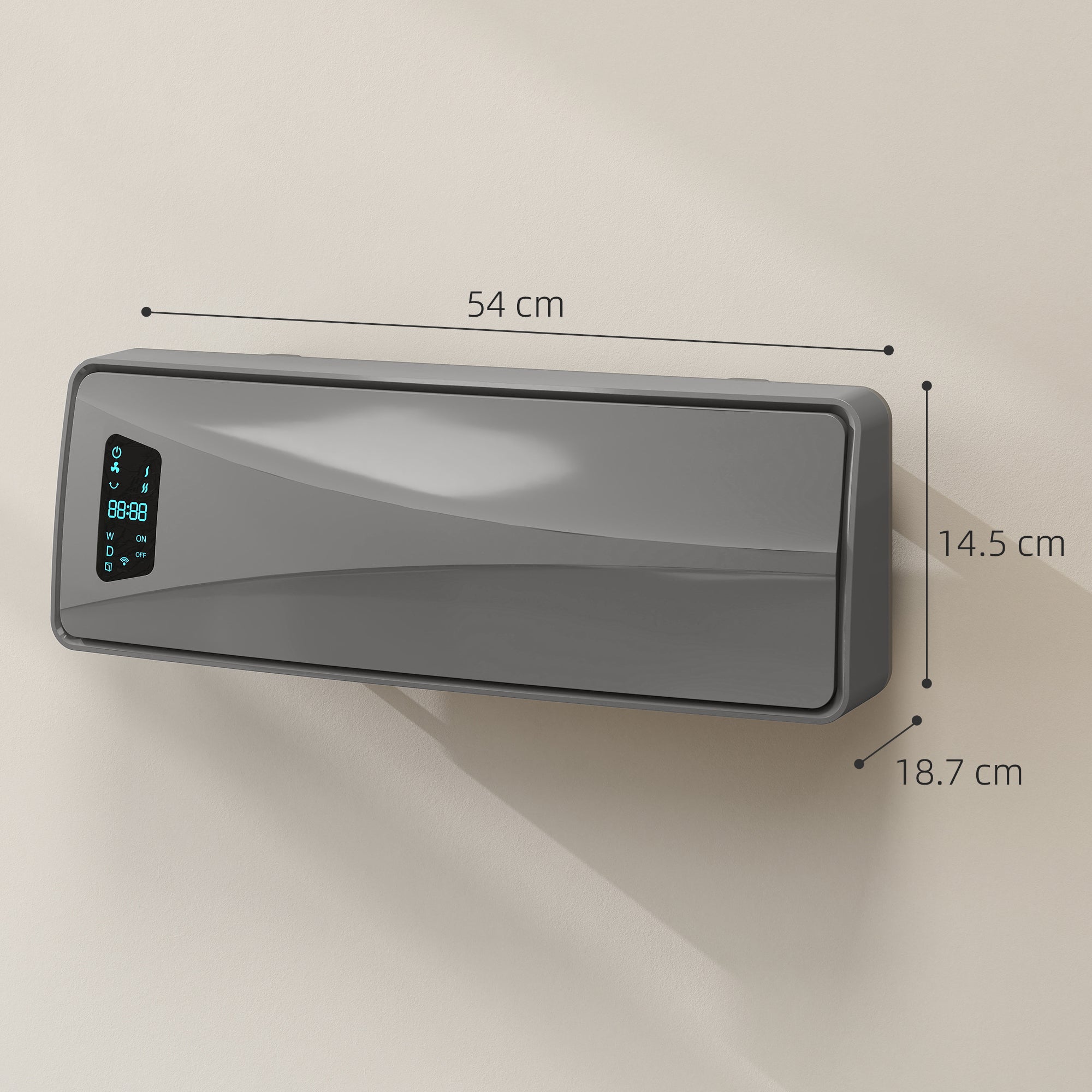 Kozy 2000W Ceramic Electric Heater with Fan, Adjustable Thermostat, Wall Mounted - Grey