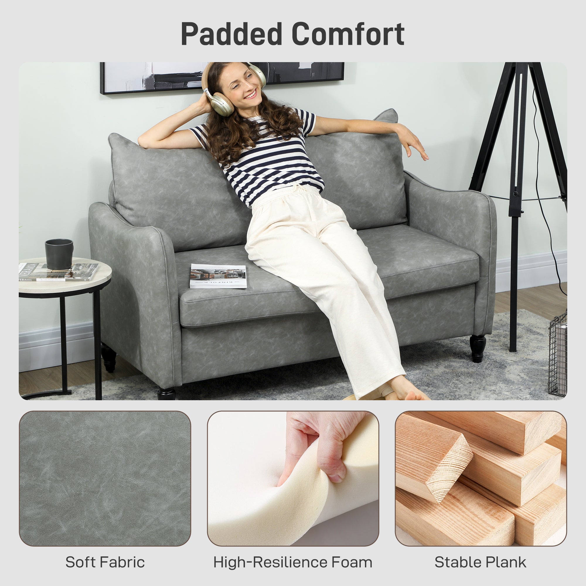 Kozy - Faux Leather Marble-Effect Two-Seater Sofa - Grey