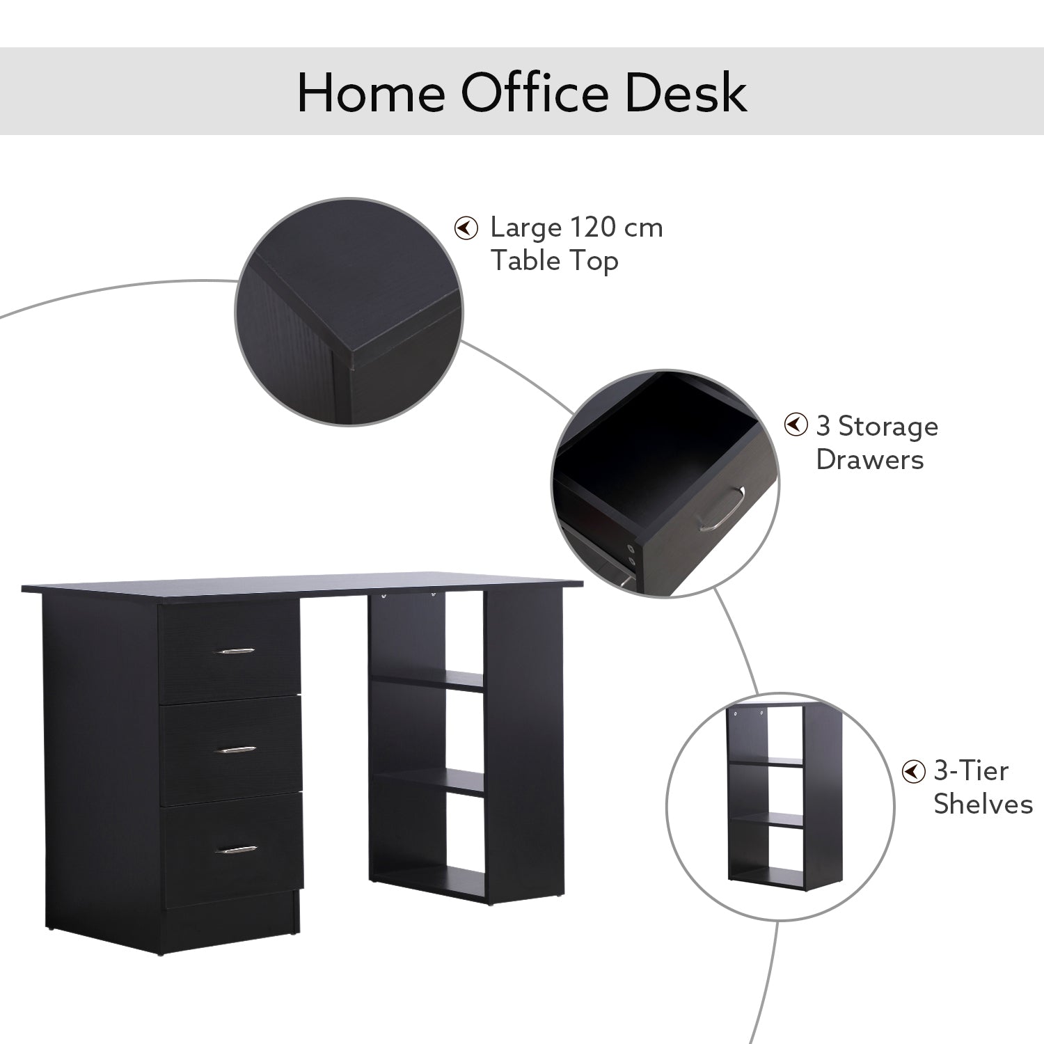 HOMCOM Computer Desk with Drawers Writing PC Table Workstation Laptop Study Stationery Cupboard w/ 3 Shelf & Drawers