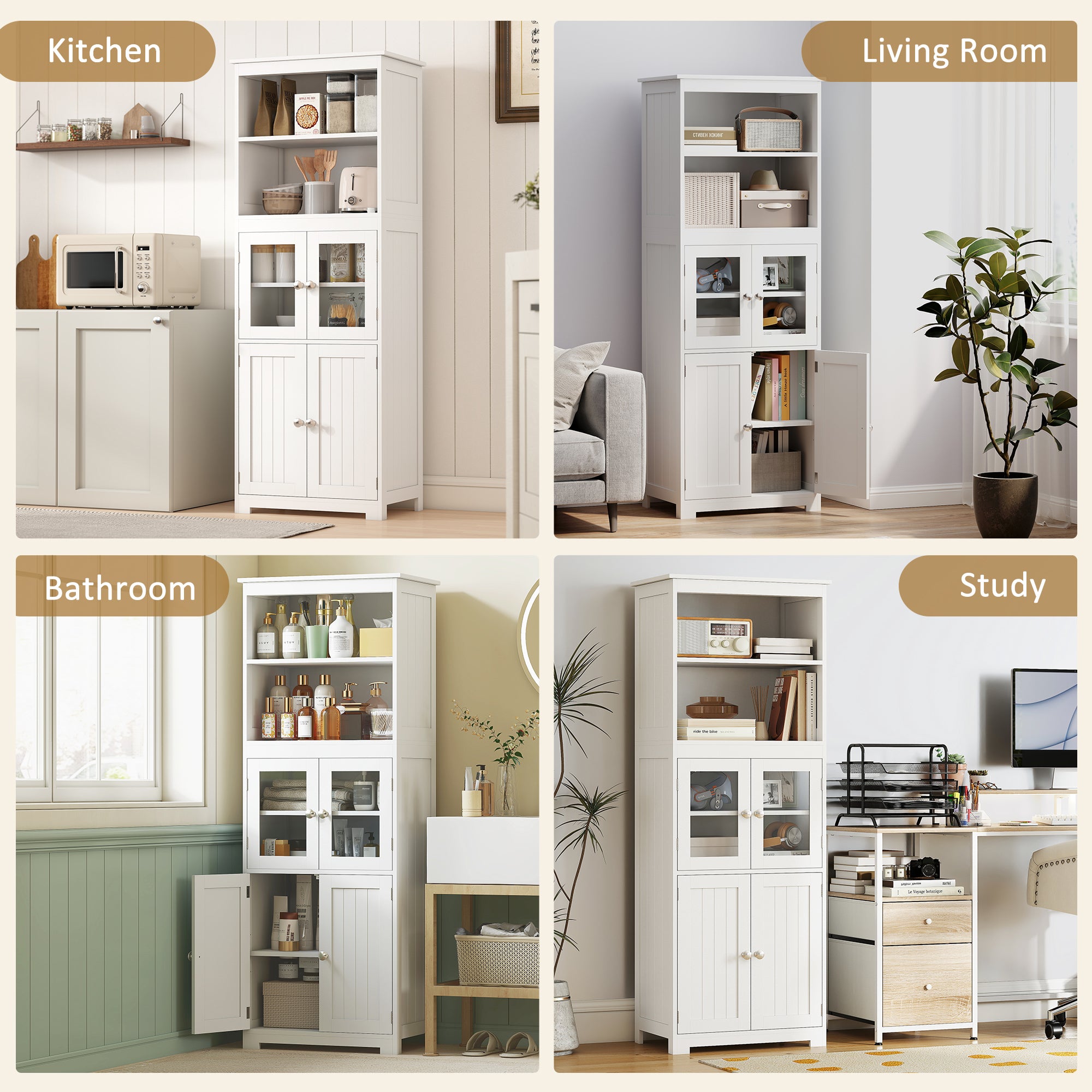 Kozy Freestanding Kitchen Cupboard, 4-Door Storage Cabinet with Adjustable Shelf and Glass Doors for Dining Room, Living Room, White