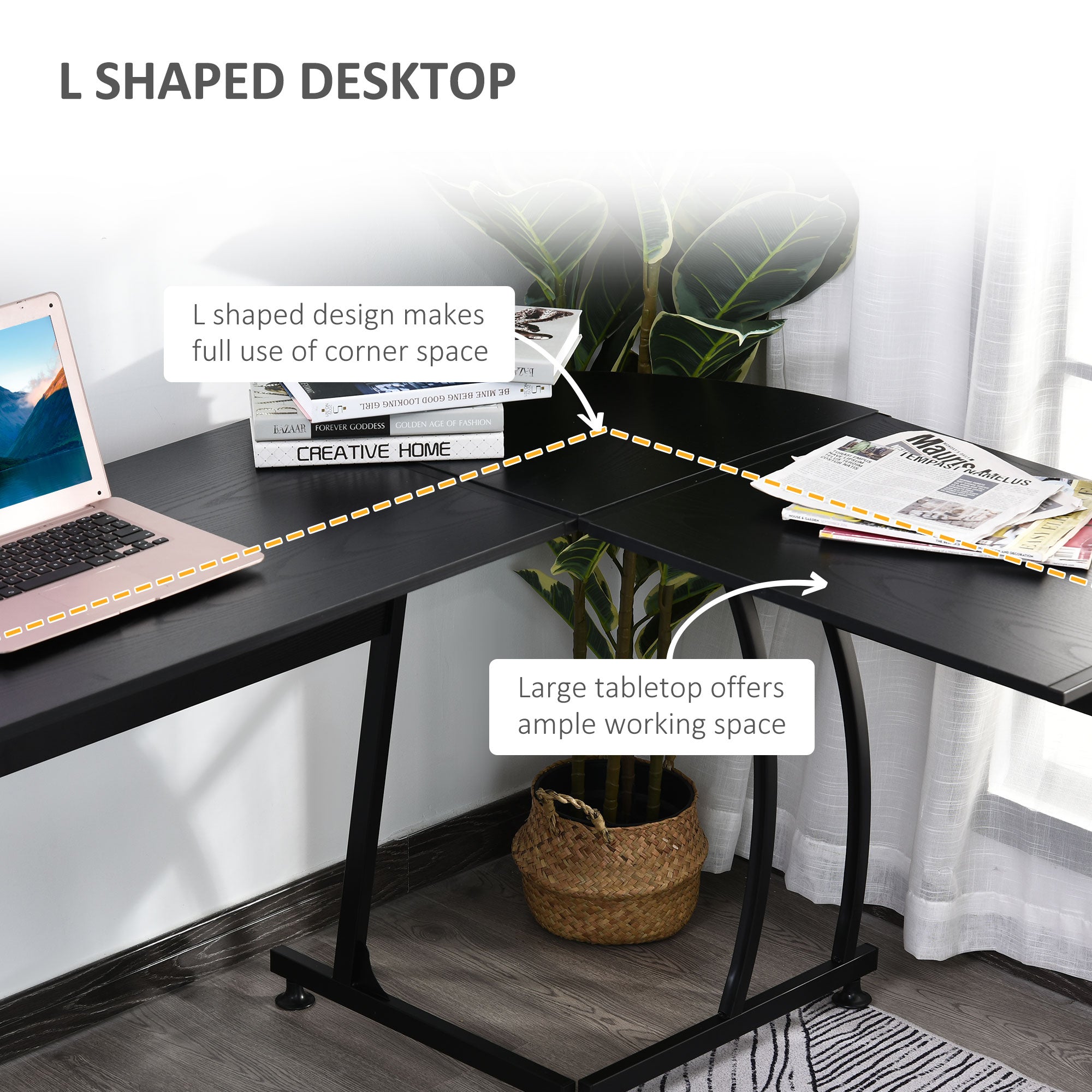 HOMCOM L Shape Computer Desk Corner Display Table Laptop Study Desk Minimalist Space Saving Wood Steel Gaming PC Workstation for Home Office Black