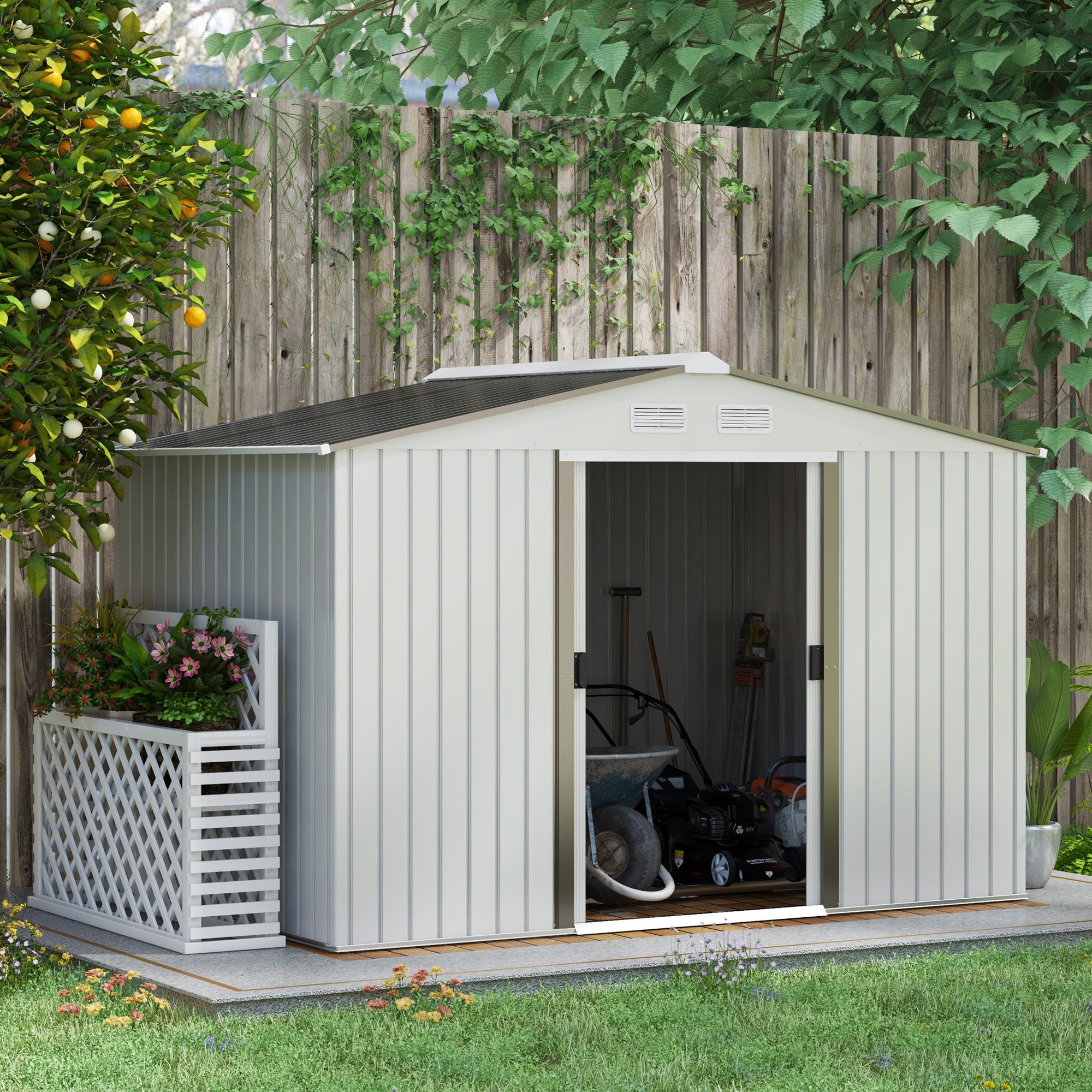 Outsunny 9 x 6FT Garden Storage Shed, Metal Outdoor Storage Shed House with Floor Foundation, Ventilation & Doors, Grey | Aosom UK