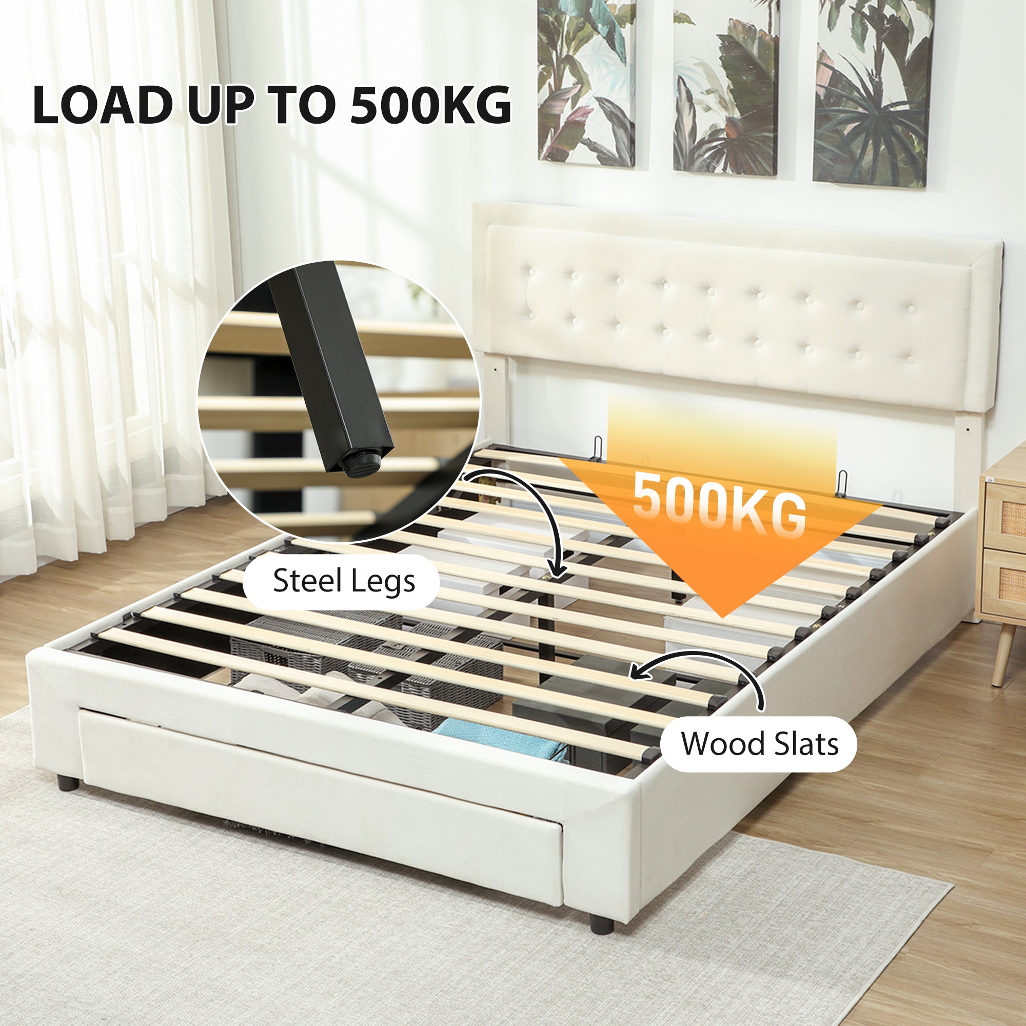 Kozy - King Size Ottoman Bed Frame, with Front Drawer - Cream