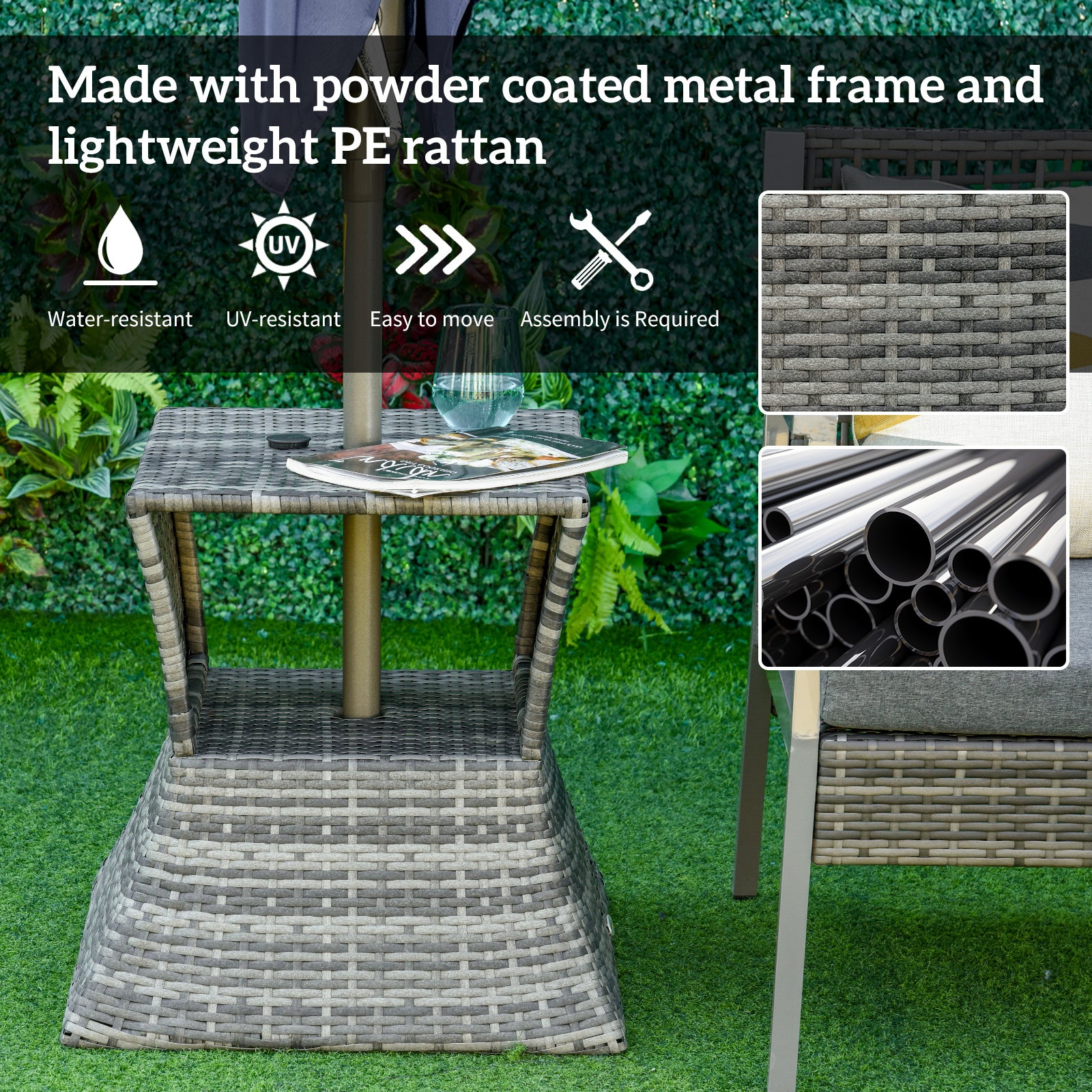 Kozy Outdoor Patio Rattan Wicker Coffee Table Bistro Side Table w/ Umbrella Hole and Storage Space, Grey