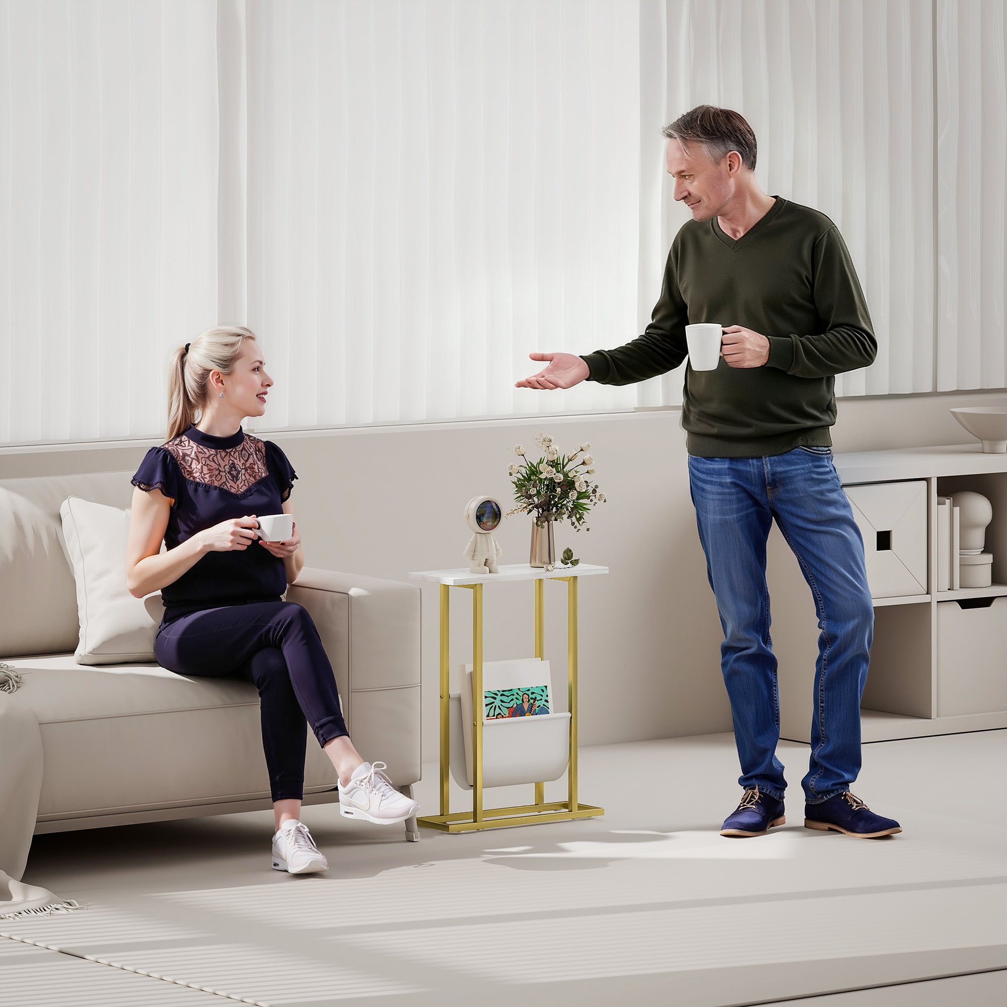 Kozy Narrow Side Table, End Table with Magazine Holder, Nightstand for Small Spaces, Living Room, Bedroom, White Marble Grain