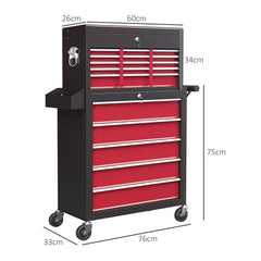 HOMCOM Rolling Tool Cabinet on Wheels w/ 14 Drawers, Pegboard & Side Rack, Lockable Top Tool Chest & Roller Cabinet Combo for Workshop Home | Aosom UK
