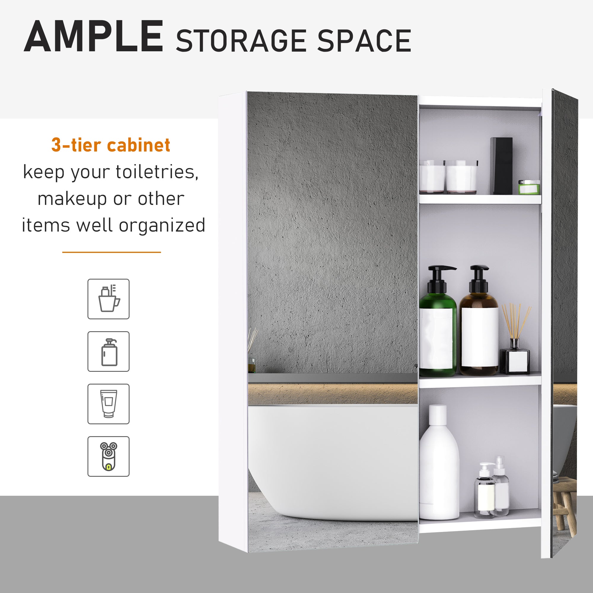 Kozy Mirror Cabinet, Wall Mount Bathroom Storage Cabinet with Adjustable Shelf, Double Door Cupboard, 60 x 15 x 75 cm, White