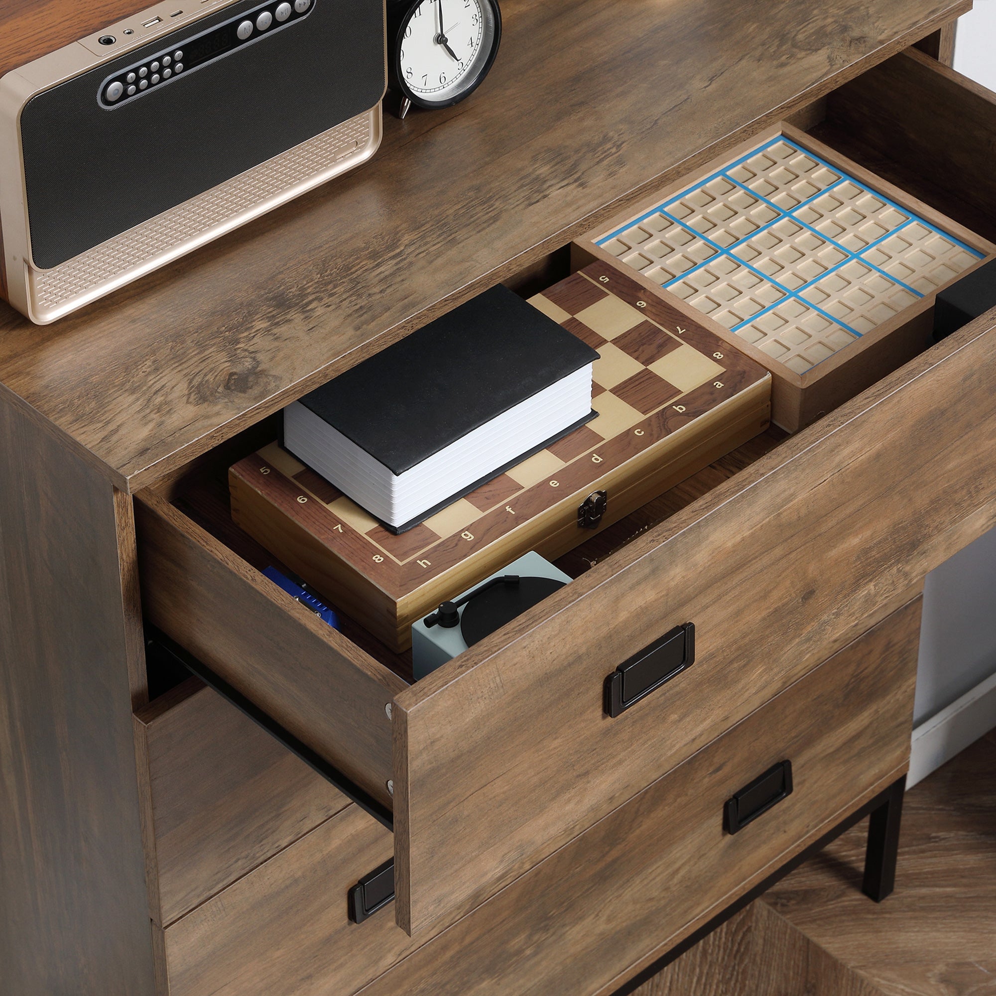 Kozy Chest of Drawers, 4-Drawer Storage Organiser Unit with Metal Frame for Bedroom, Living Room, Brown