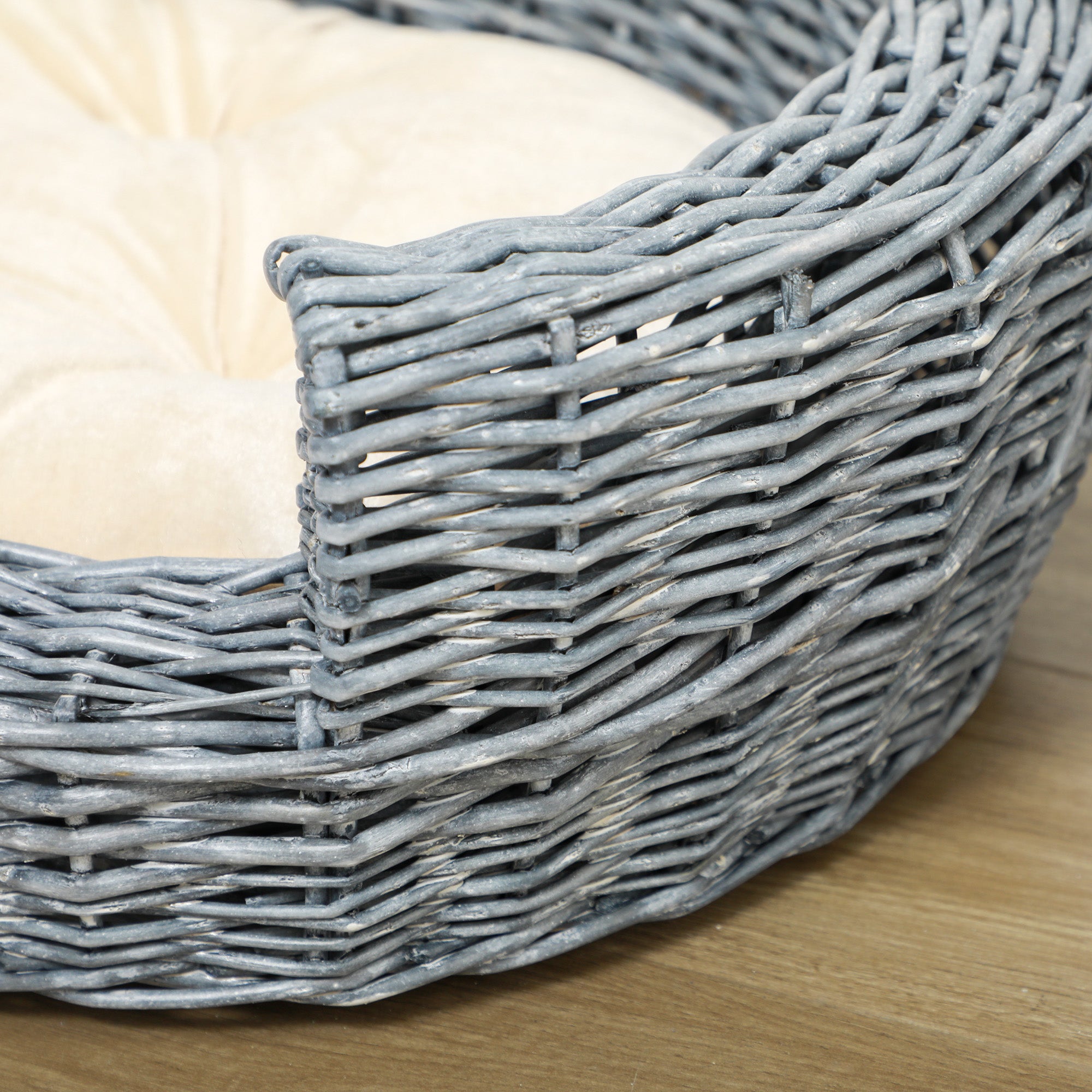 Kozy Wicker Pet Bed Willow Dog Cat Sofa Couch Puppy Basket with Cushion Grey 57L x 46W x 17.5H cm