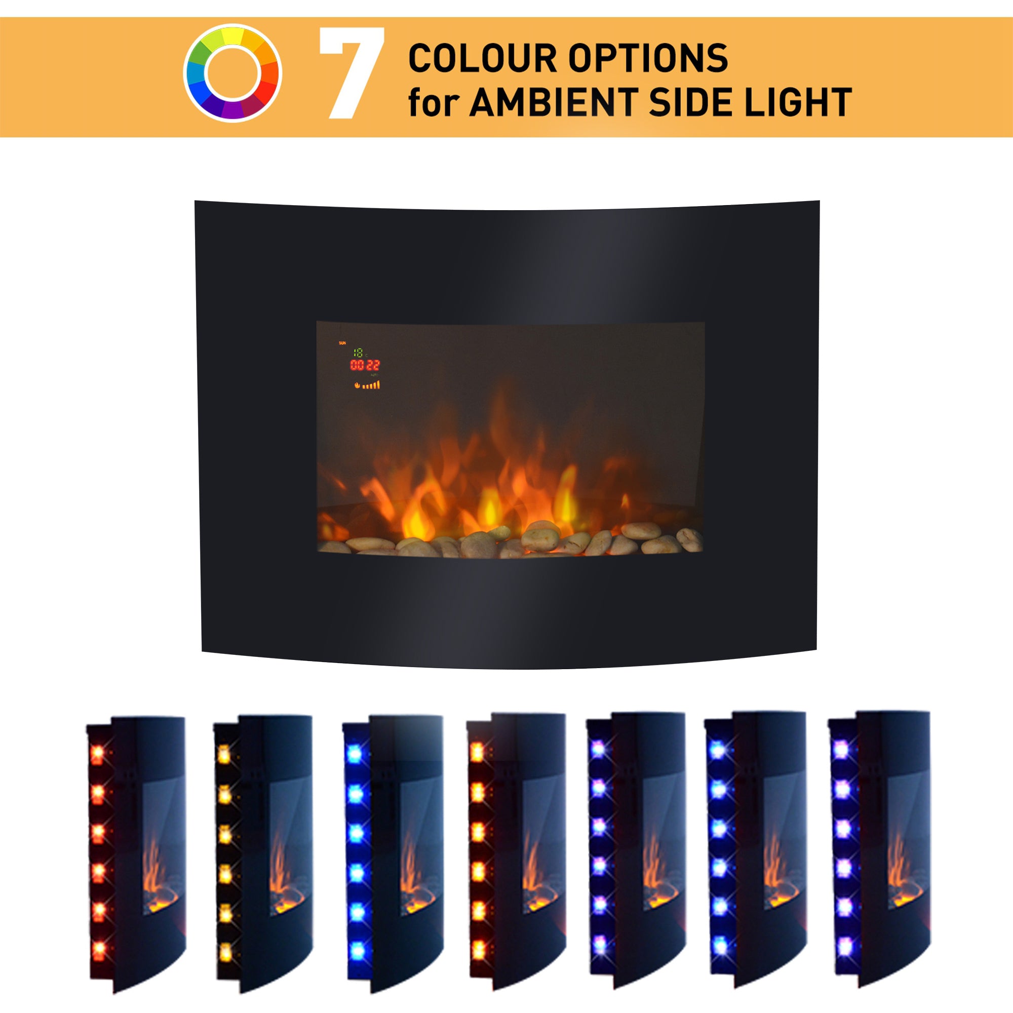 Kozy - Led Wall Mounted Fireplace Curved Glass Electric Fire Place Fire Place 7 Colour Side Lights Slimline, 900/1800W, 65cm x 52cm
