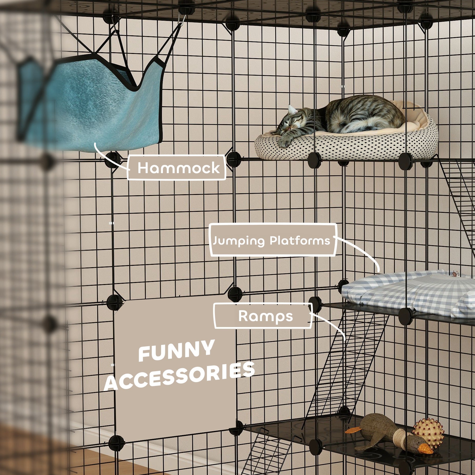 Kozy - Steel Wire Cat Cage Indoor with Hammock, Ramps, Doors, DIY Cat Enclosure for 1-3 Cats, Black
