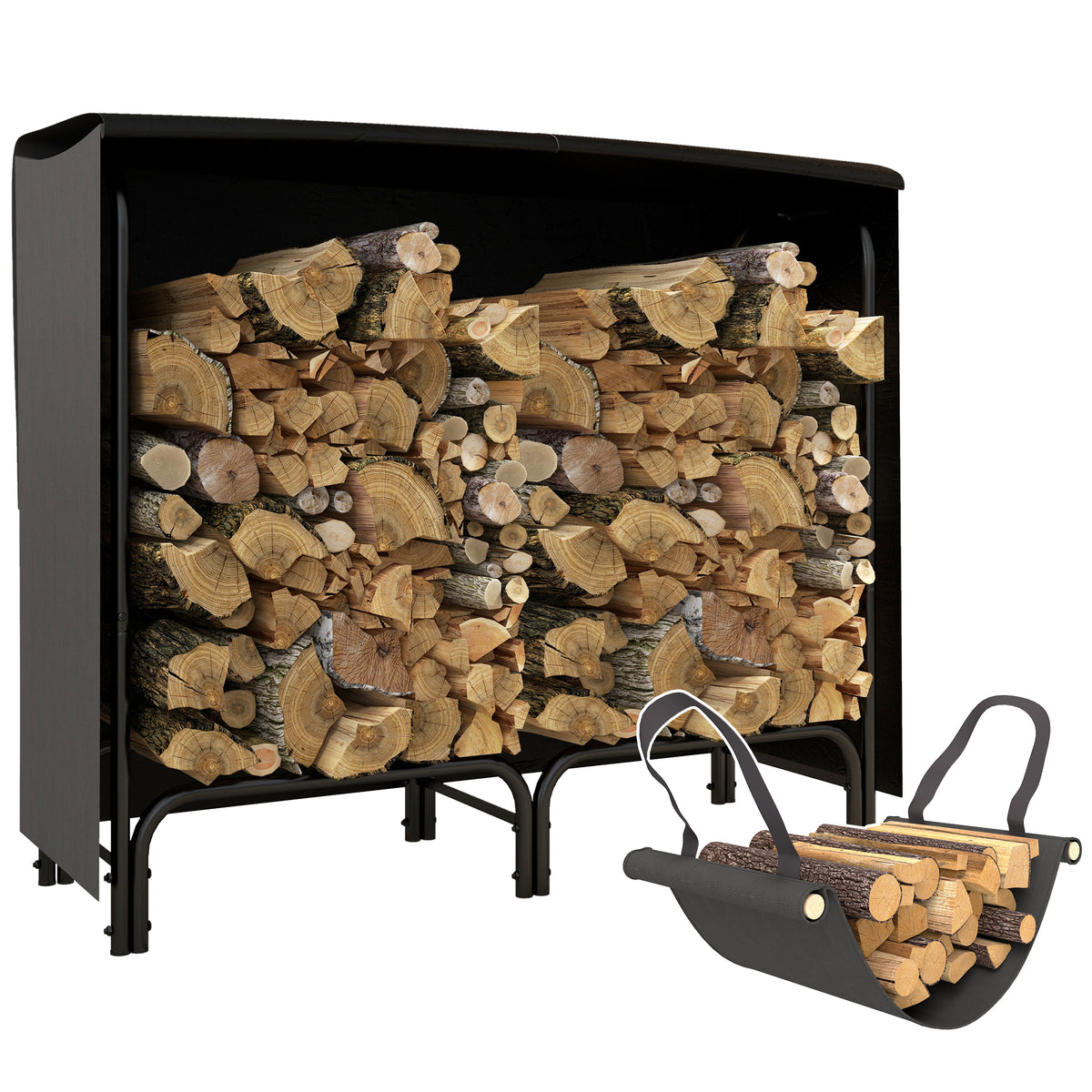 Kozy - 4FT Firewood Rack with Canvas Carrier Bag and 600D Oxford Waterproof Cover, Metal Log Store Indoors, Log Storage Rack Holder for Outdoor Indoor Fireplace, Black