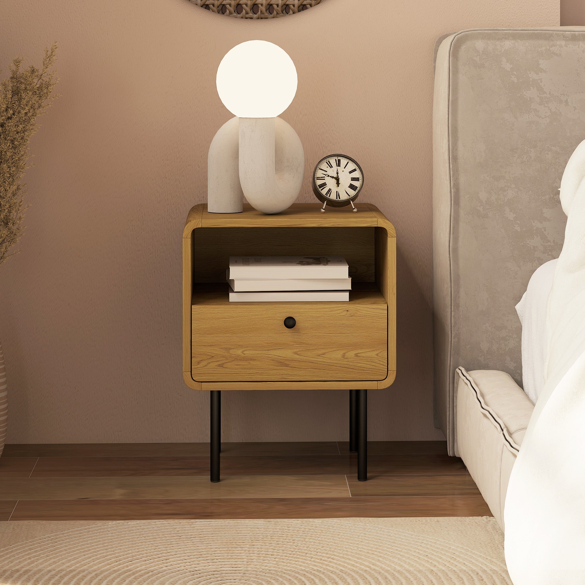 Kozy Bedside Table with Drawer and Open Shelf - Oak