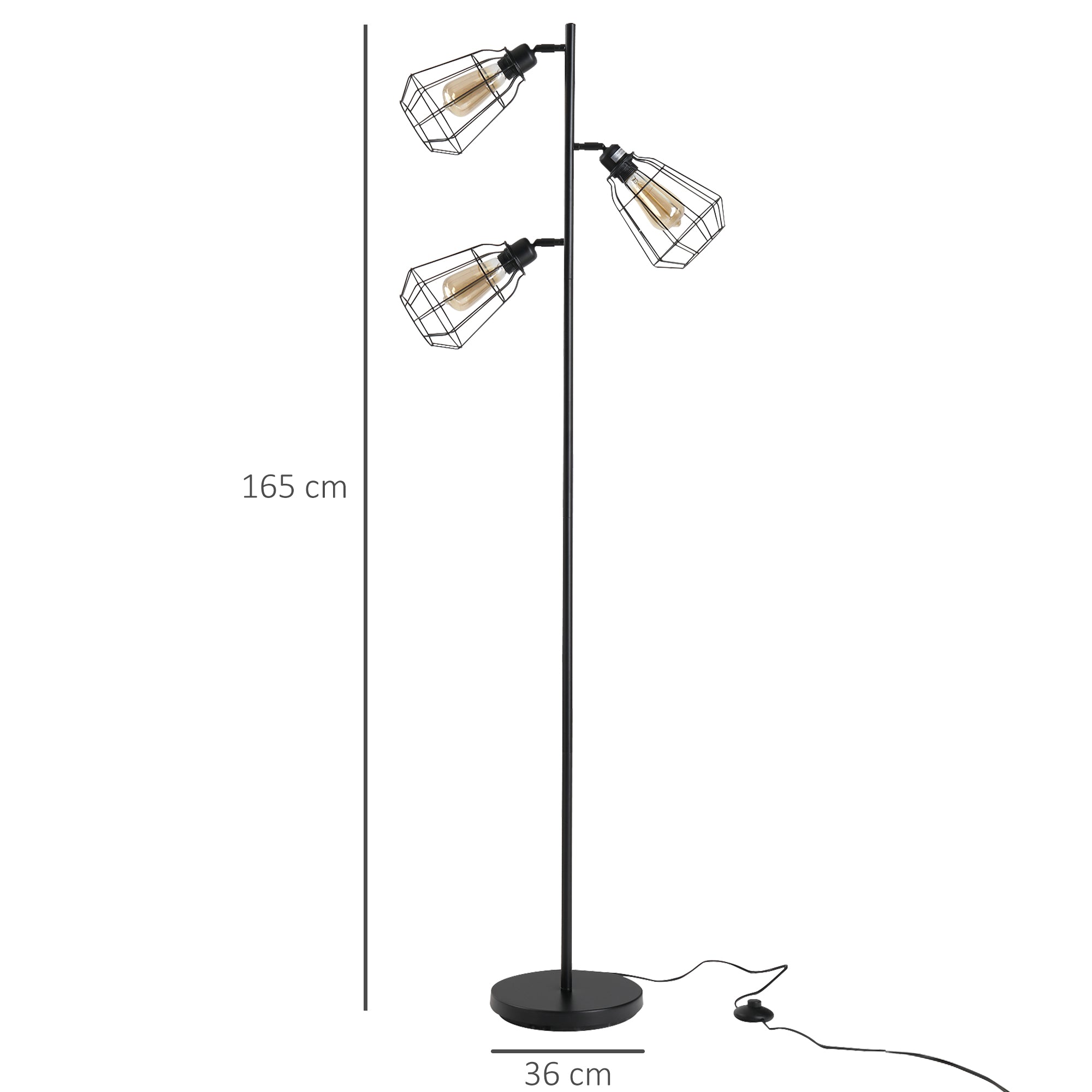 HOMCOM Retro Practical Tree Floor Lamp 3 Angle Adjustable Lampshade Steel Base for Living Room Bedroom Office Black 165cm