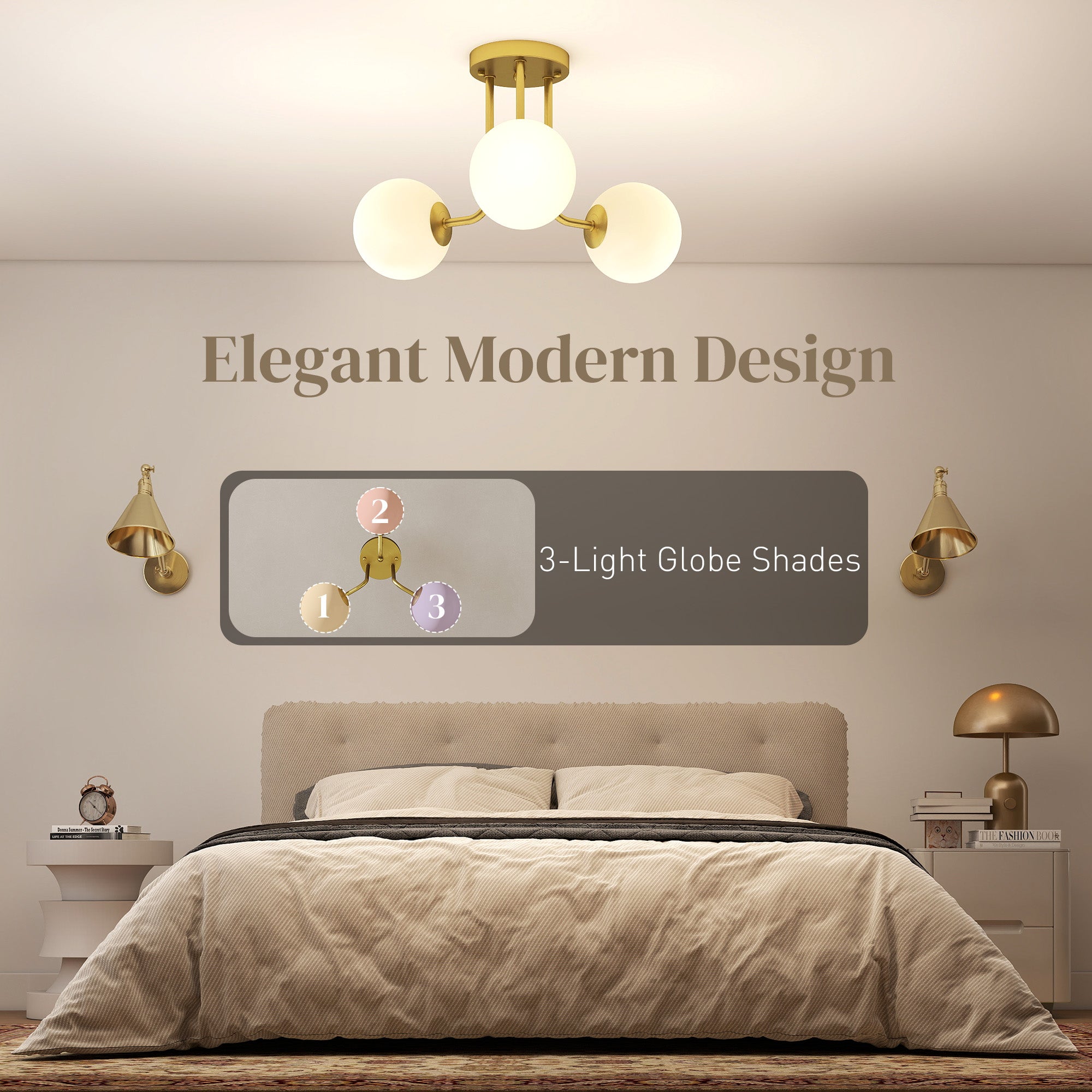 Kozy LED Ceiling Light with Globe Shades, Modern 3-Light Ceiling Light with G9 Sockets for Living Room, Bedroom, Dining Room, Bulbs Not Included, Gold Tone