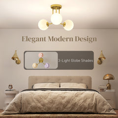 Kozy LED Ceiling Light with Globe Shades, Modern 3-Light Ceiling Light with G9 Sockets for Living Room, Bedroom, Dining Room, Bulbs Not Included, Gold Tone