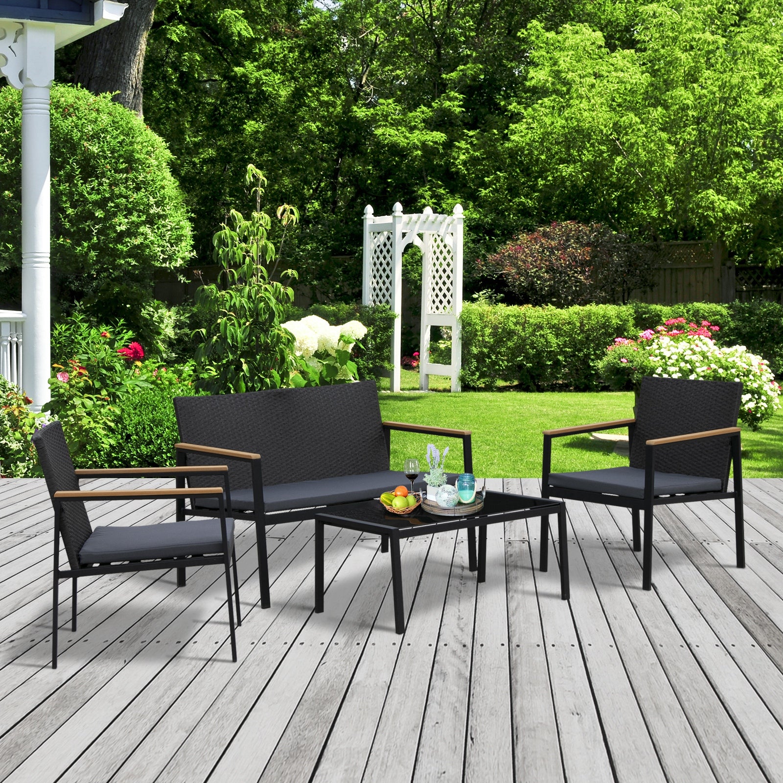 Kozy 4 Pieces Rattan Garden Furniture Set, 4 Seater Garden Sofa Set with Loveseat, 2 Armchairs and Glass Top Coffee Table, Wicker Outdoor Conservatory Furniture with Cushions for Patio, Black
