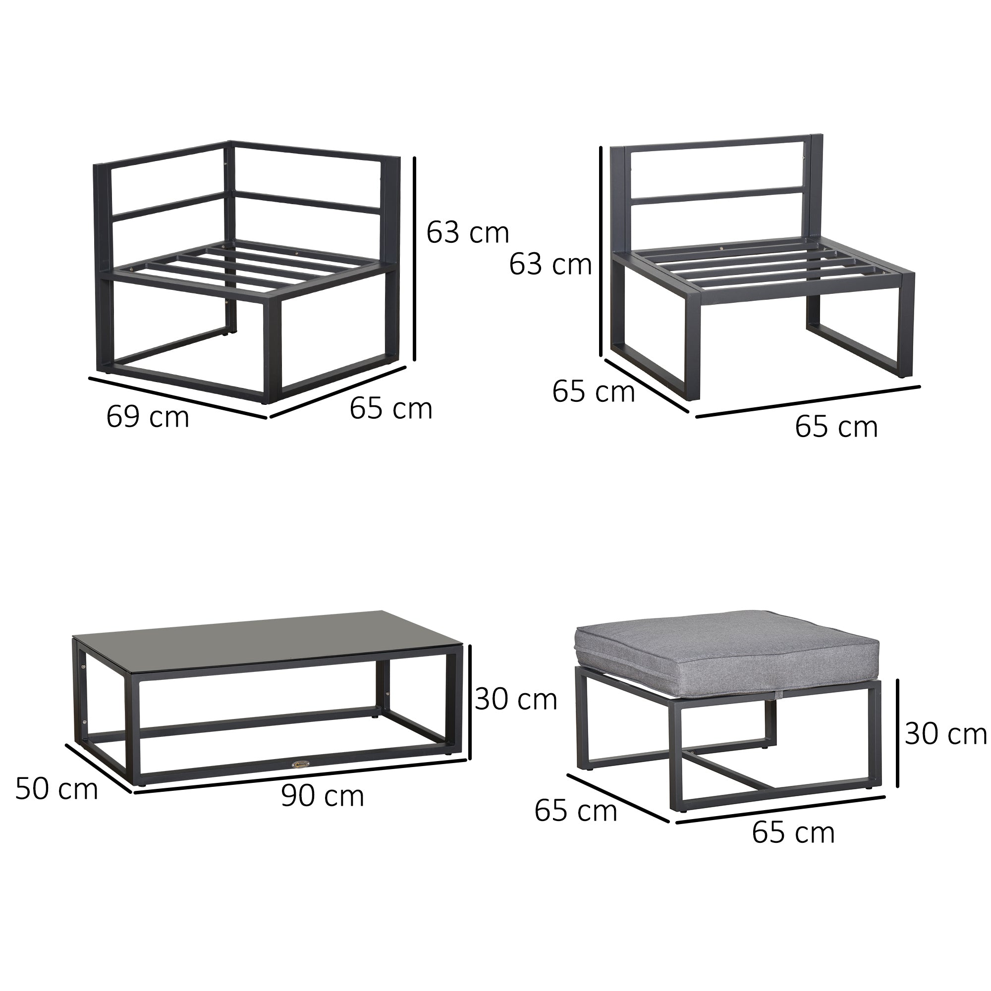 Kozy 5 Pieces Outdoor Patio Furniture Set, Sofa Couch with Glass Coffee Table, Cushioned Chairs and Aluminum Tube, for Balcony Garden Backyard, Grey
